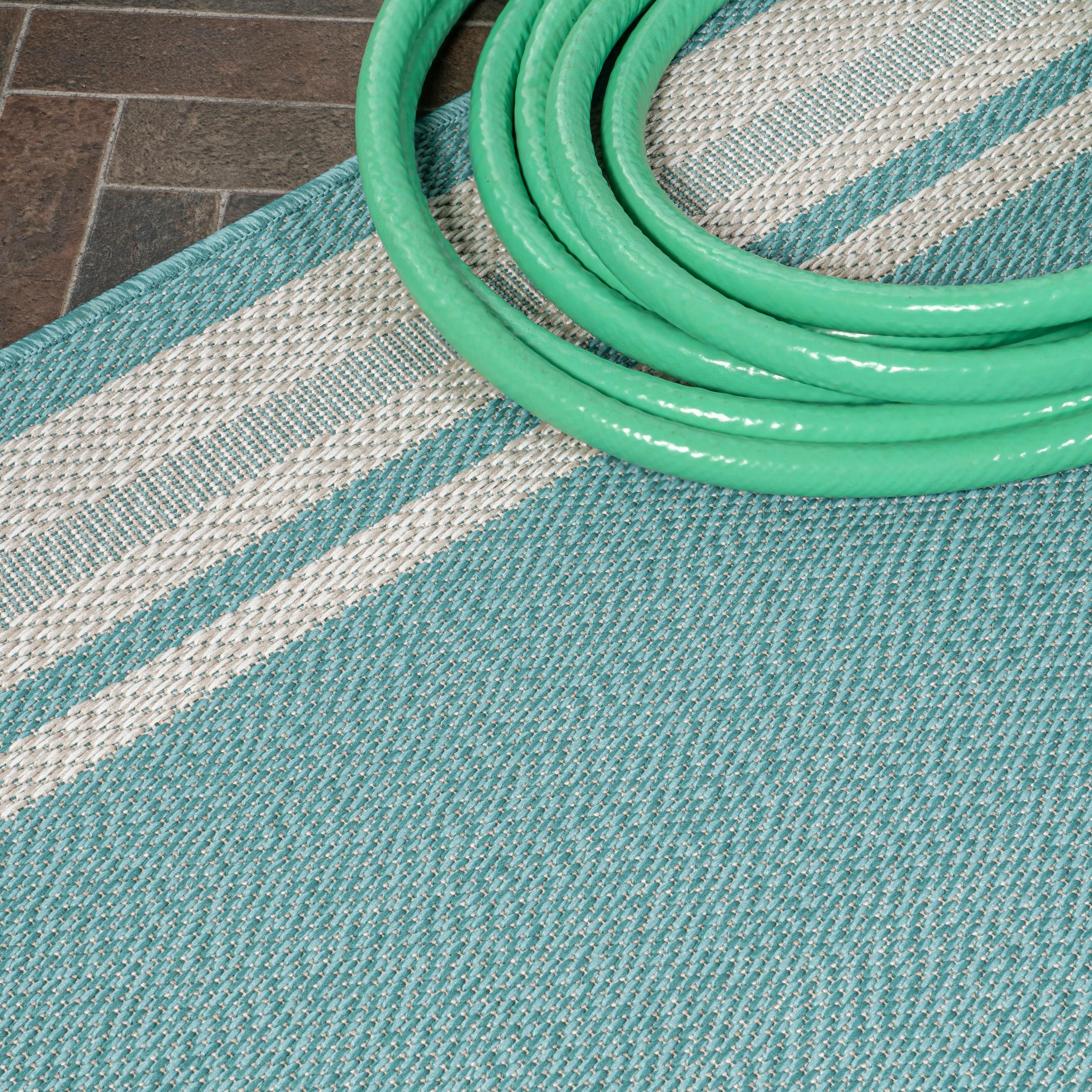 2' x 8' James Modern Border Stripe Indoor/Outdoor Runner Rug, Aqua/Beige - JONATHAN Y