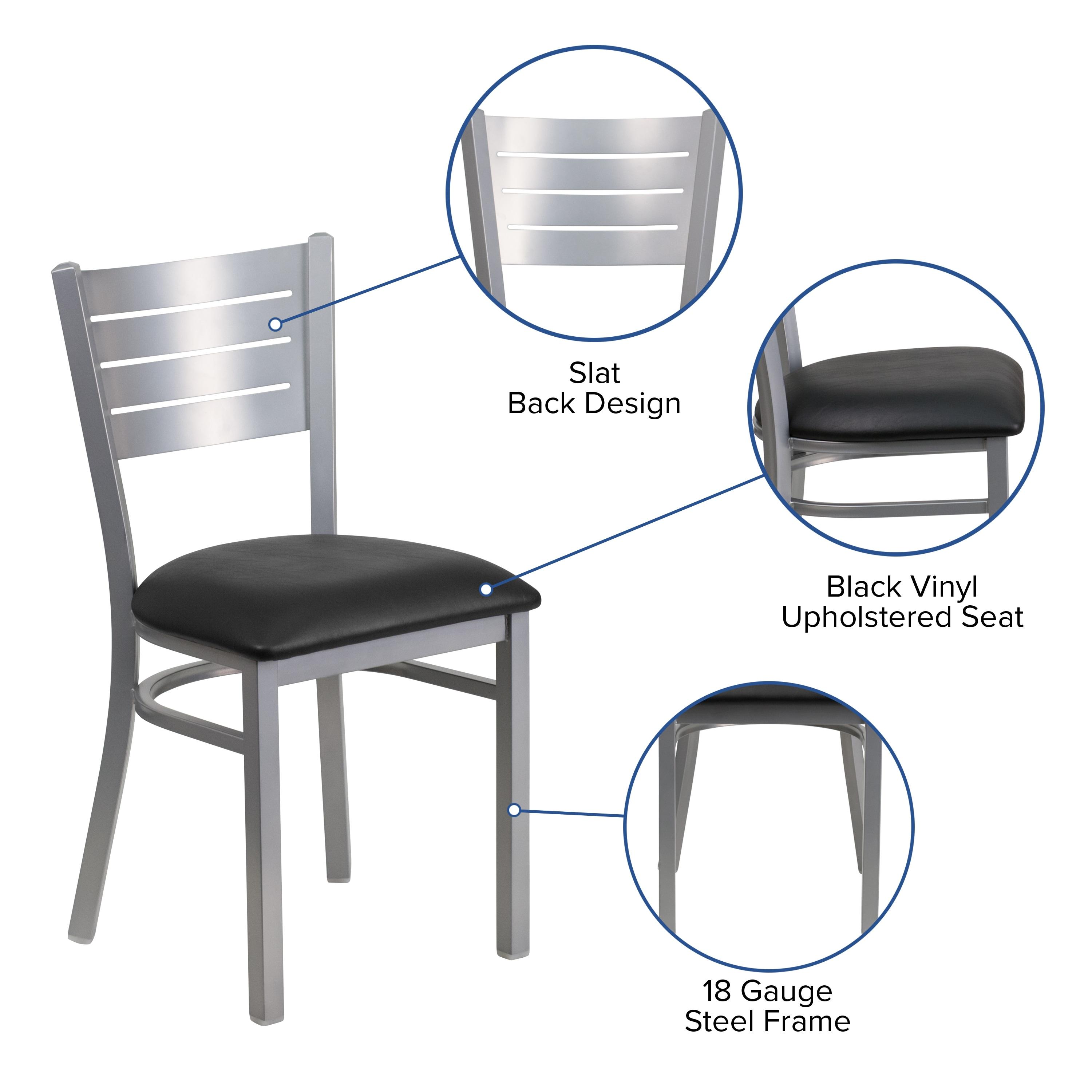 Flash Furniture HERCULES Series Silver Slat Back Metal Restaurant Chair - Black Vinyl Seat