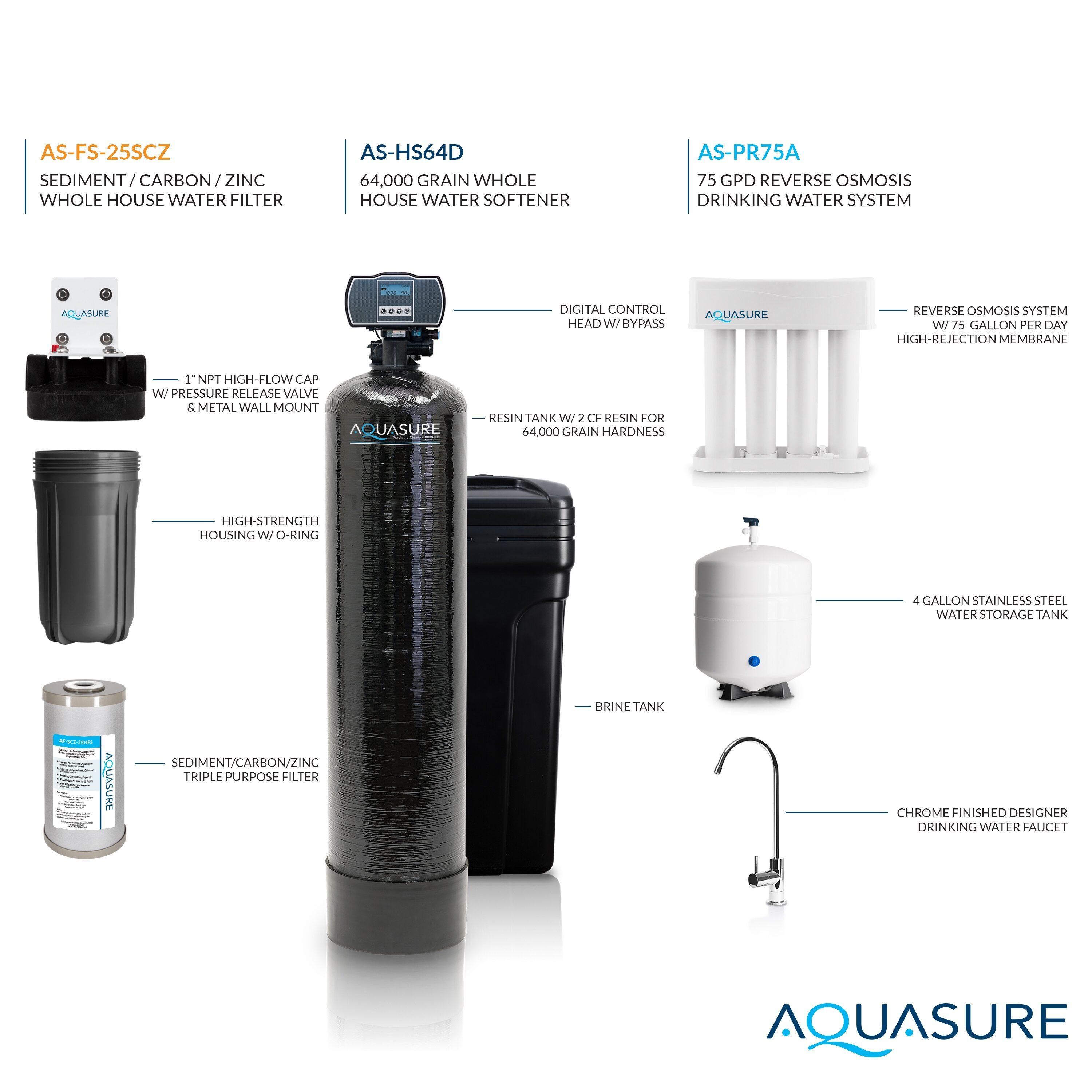 Aquasure 70,000 Grains Whole House Water Filtration Bundle With 75 GPD RO System, For 4-6 Bathrooms (AS-WHF70D)
