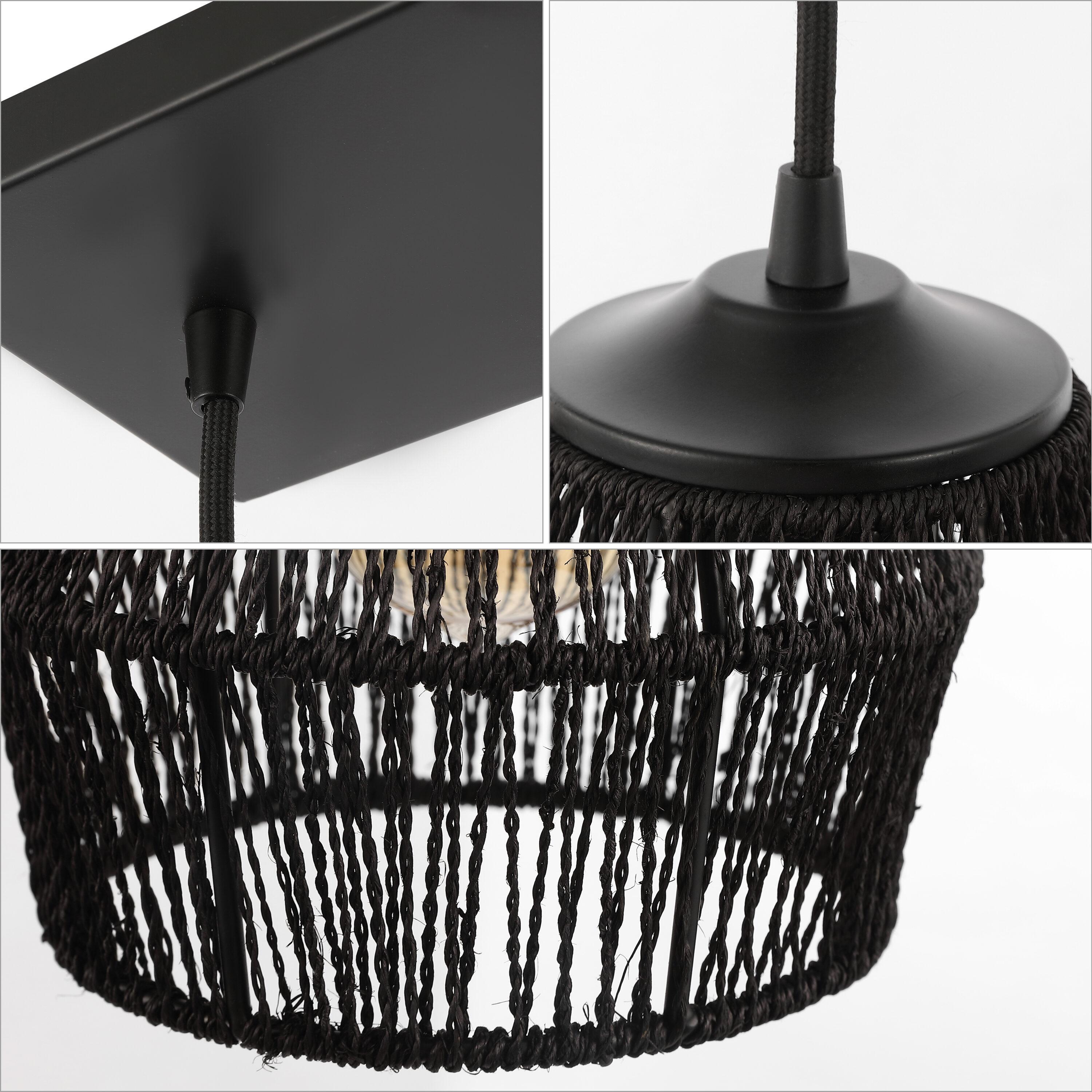 30" 3-Light Ibiza Island Woven Rope/Metal Bohemian Coastal Linear Pendant (Includes LED Light Bulb) Black - JONATHAN Y