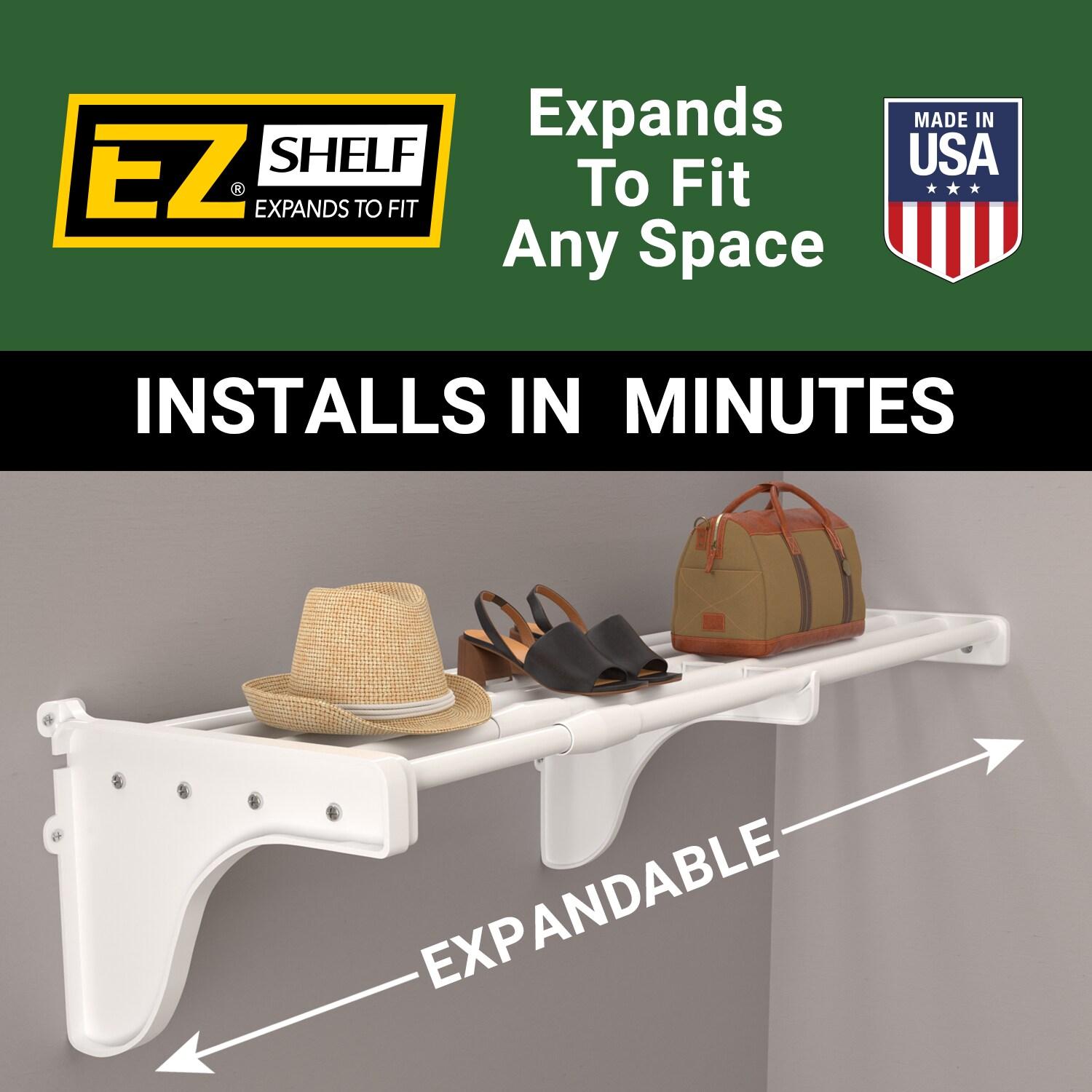 EZ Shelf-Expandable-Garage Shelf- -White- Easy to Install -Strong (up to 250 Lbs)- Wire Shelving Alternative –Wall Mounted Garage Shelf Organizer (White, 40.5" - 75")