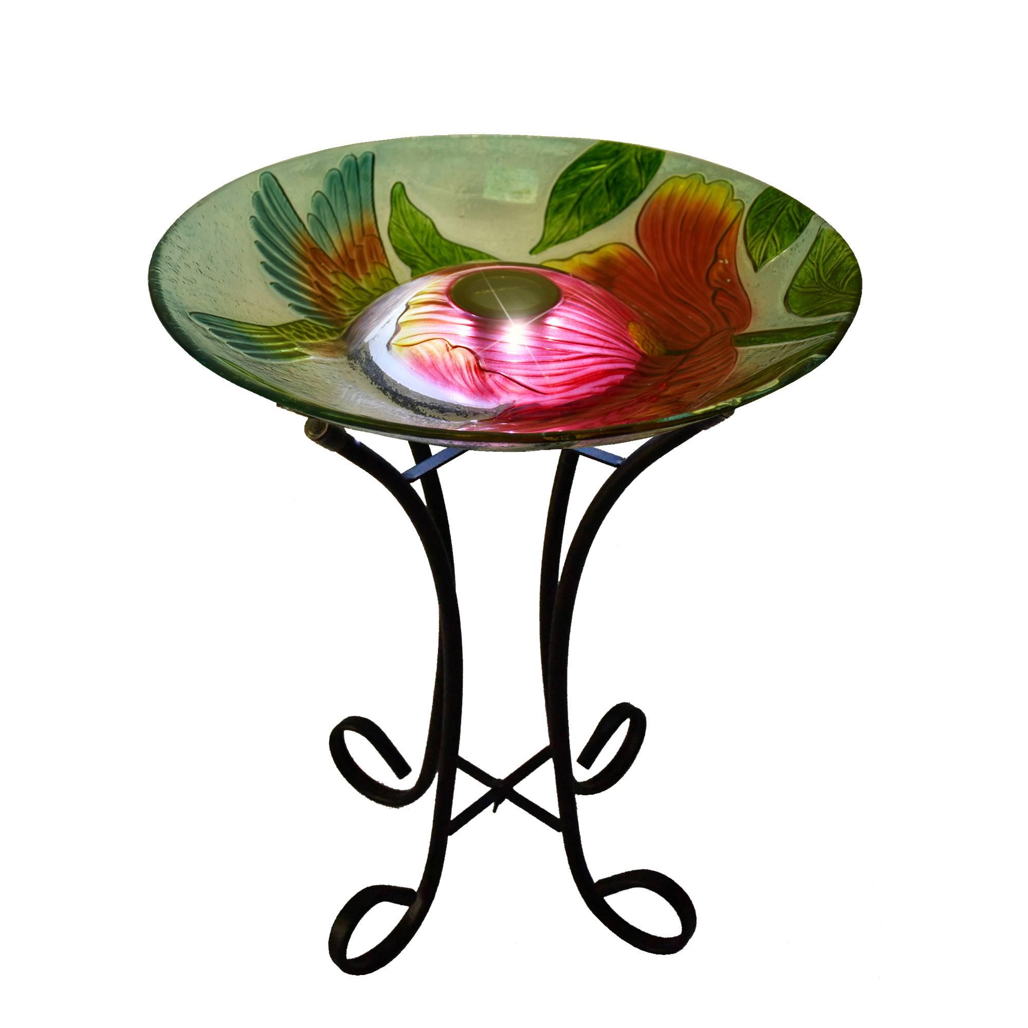 Solar LED Floral Glass Bird Bath with Stand - Hummingbird & Large Poppy