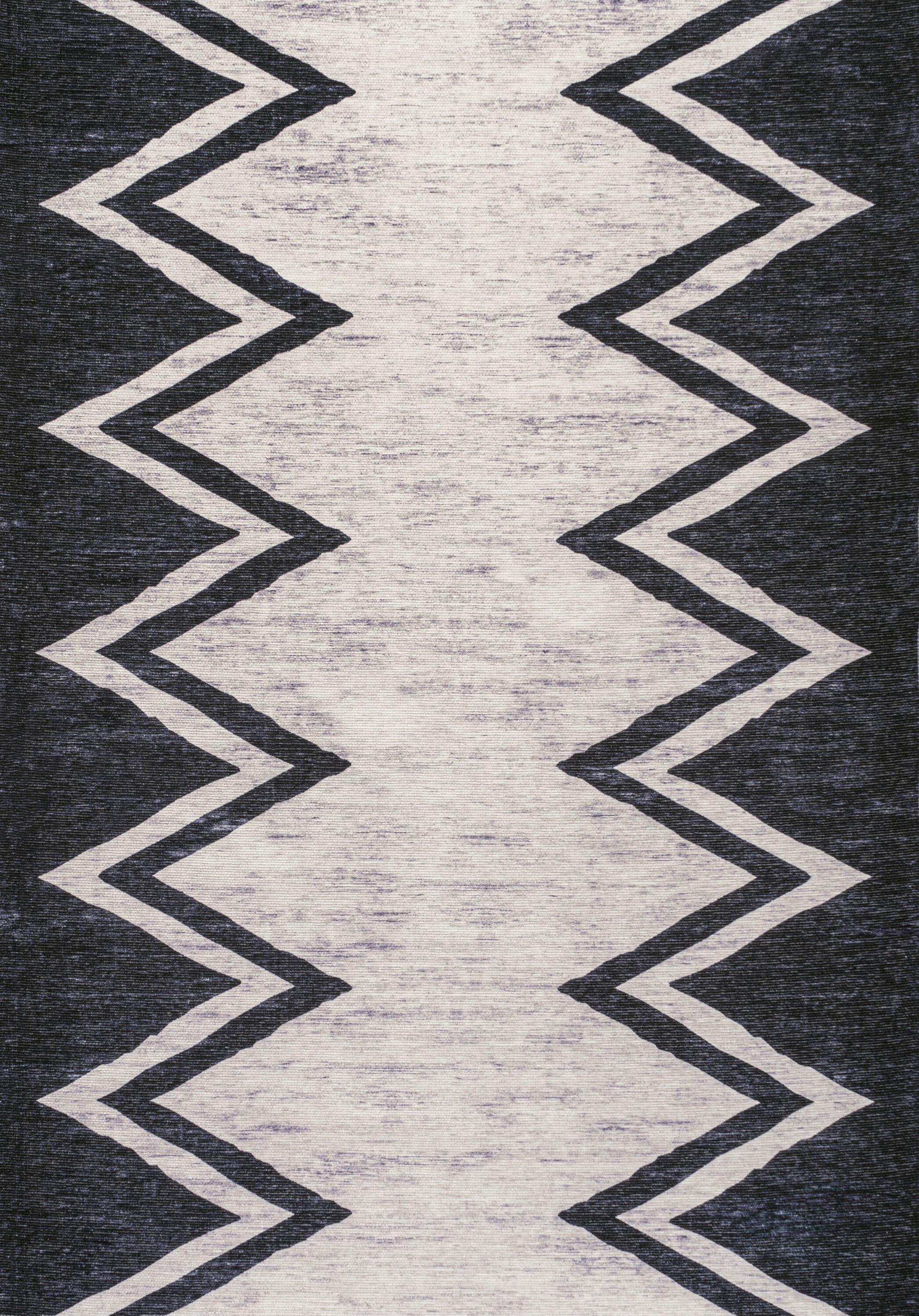 3' x 5' Siksak Modern Chevron Border Machine-Washable Area Rug, Ivory/Black - JONATHAN Y