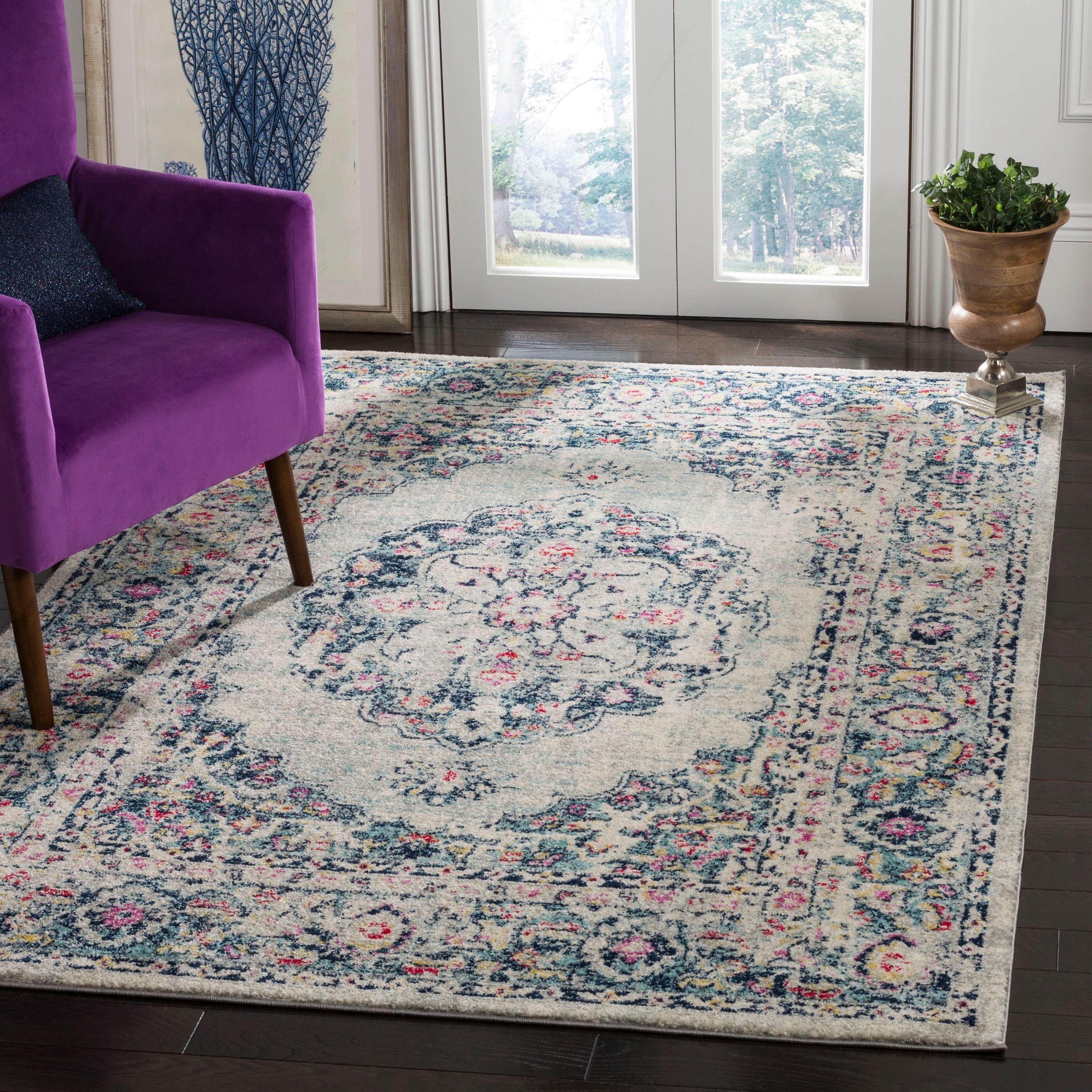 SAFAVIEH Madison Aimee Floral Bordered Area Rug, Light Grey/Fuchsia, 5'3" x 7'6"