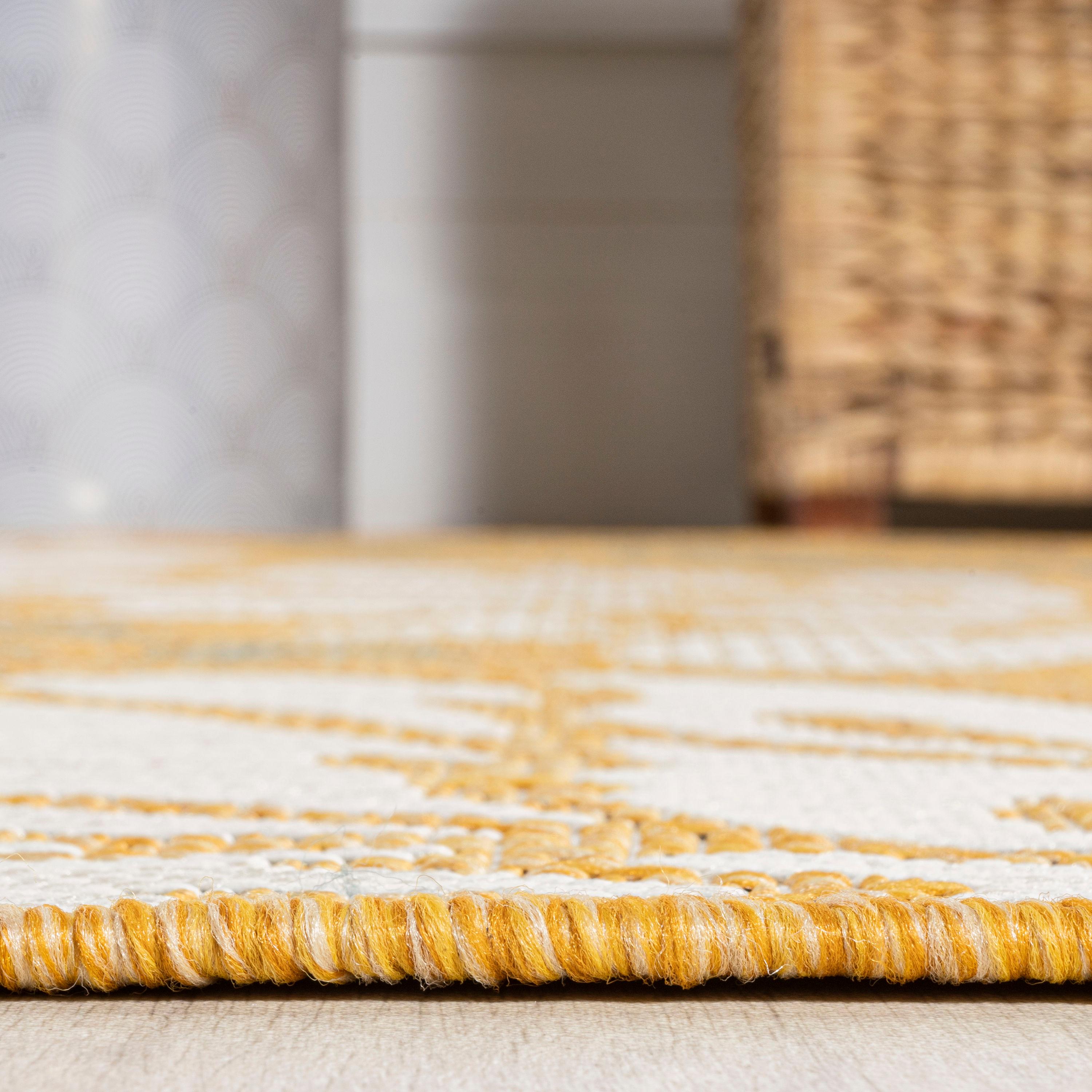 5' x 5' Zinnia Modern Floral Textured Weave Indoor/Outdoor Area Rug, Yellow/Cream - JONATHAN Y
