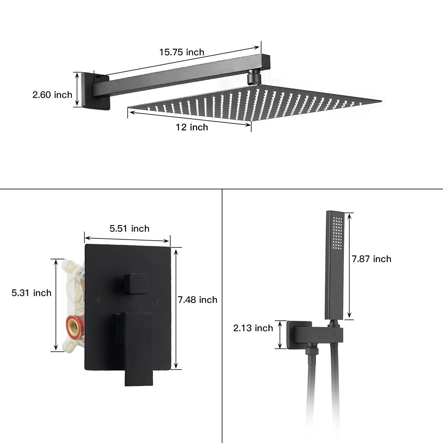 BWE Black Shower Faucet 12 Inch Square Luxury Rain Mixer Shower System Sets Complete 2-Functions Pressure Balancing Wall Mount Rainfall Rough-in Valve Body and Trim Included