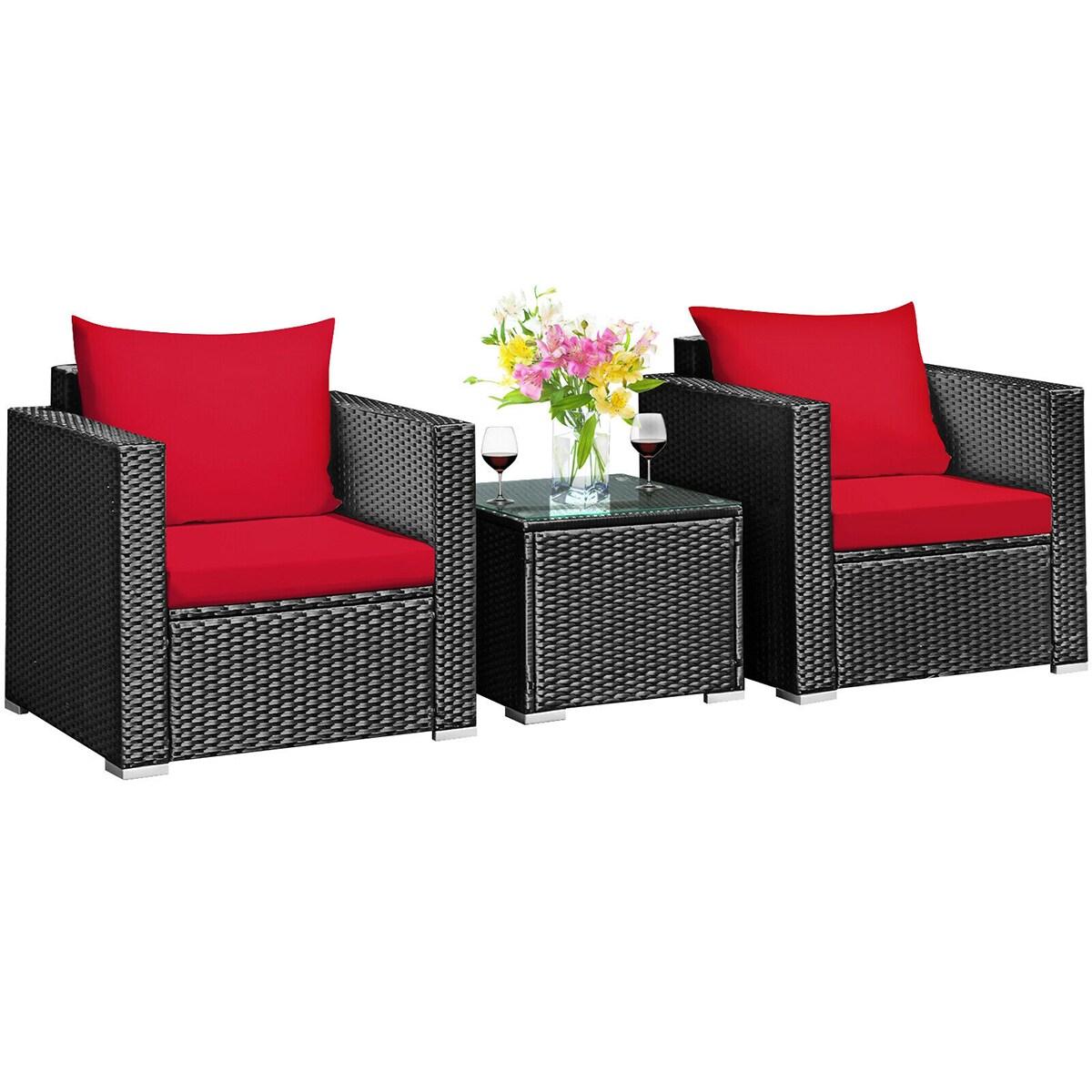 Costway 3PCS Patio Rattan Wicker Furniture Set Sofa Table W/Cushion Yard Red