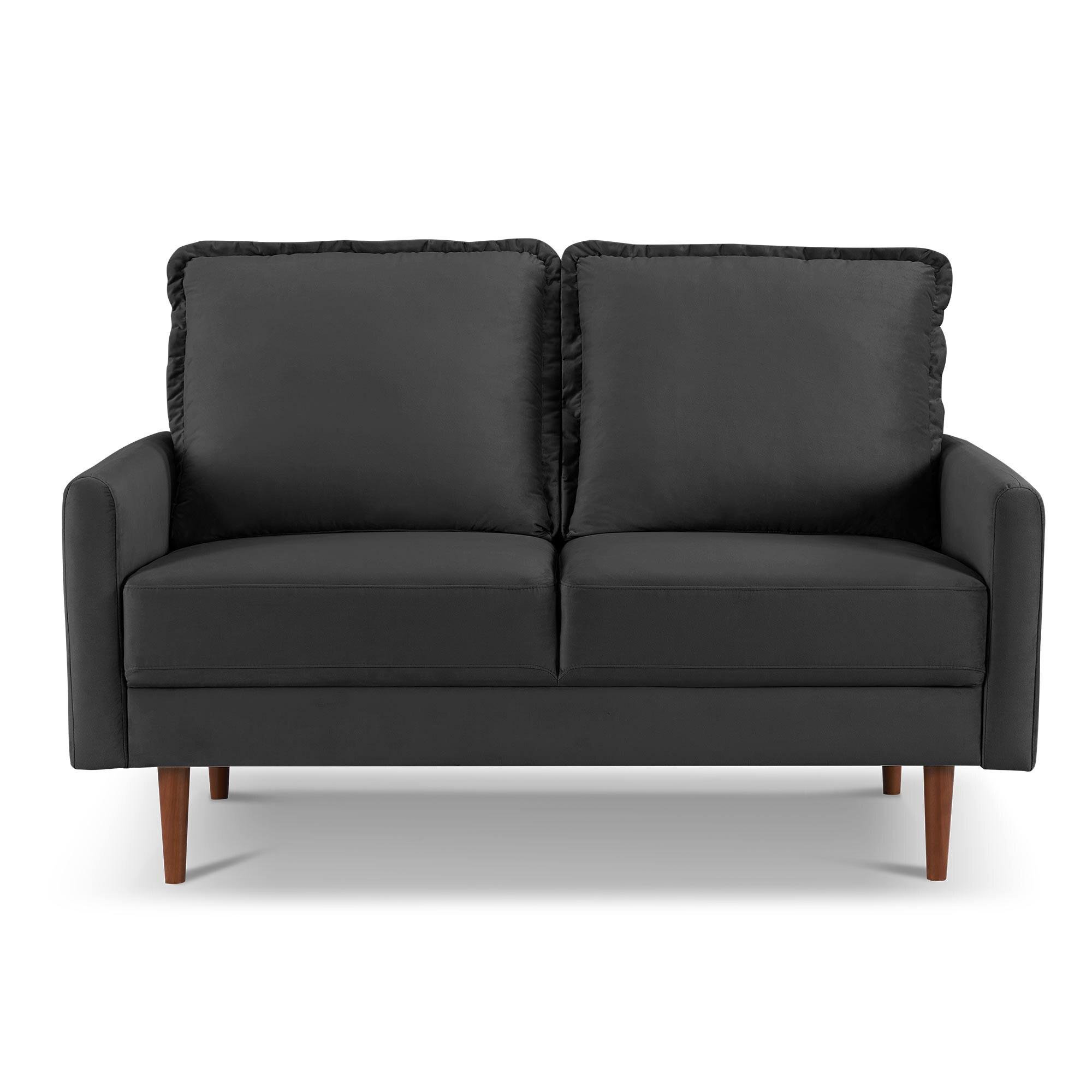 57 Inch Wide Upholstered Two Cushion Loveseat with Cambered Arms in Black Velvet