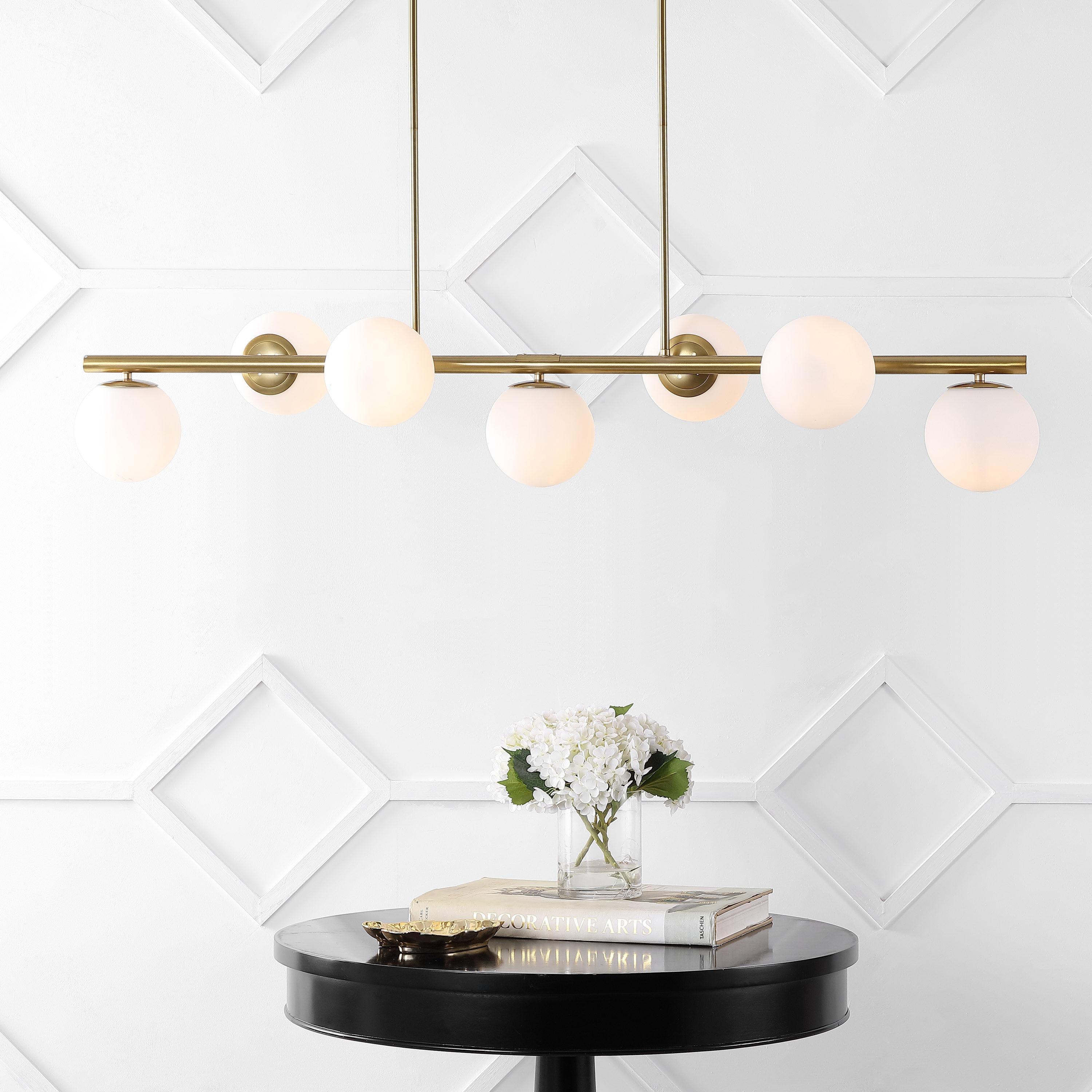 JONATHAN Y JYL7573A Luca Parisian 53" 7-Light Modern Glam Iron Globe Linear LED Pendant Transitional Farmhouse Adjustable Dining Room Living Room Kitchen Island Foyer Bedroom Hallway, Brass Gold/White
