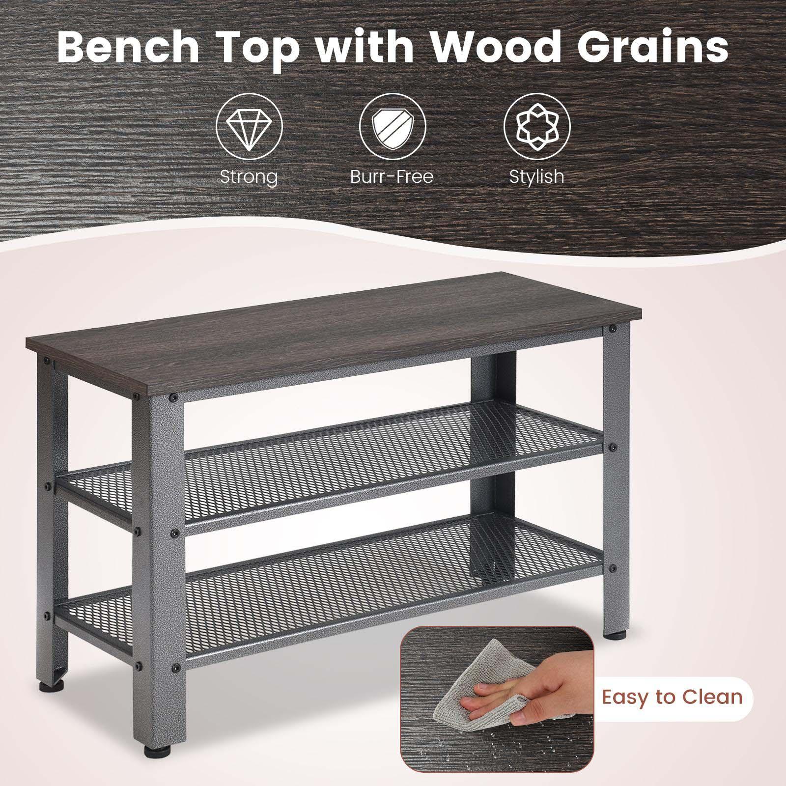 Tangkula 3-Tier Industrial Shoe Rack Entryway Bench with Mesh Storage Shelf