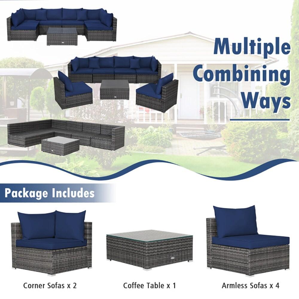 Costway 7PCS Patio Rattan Furniture Set Sectional Sofa Cushioned Garden Navy