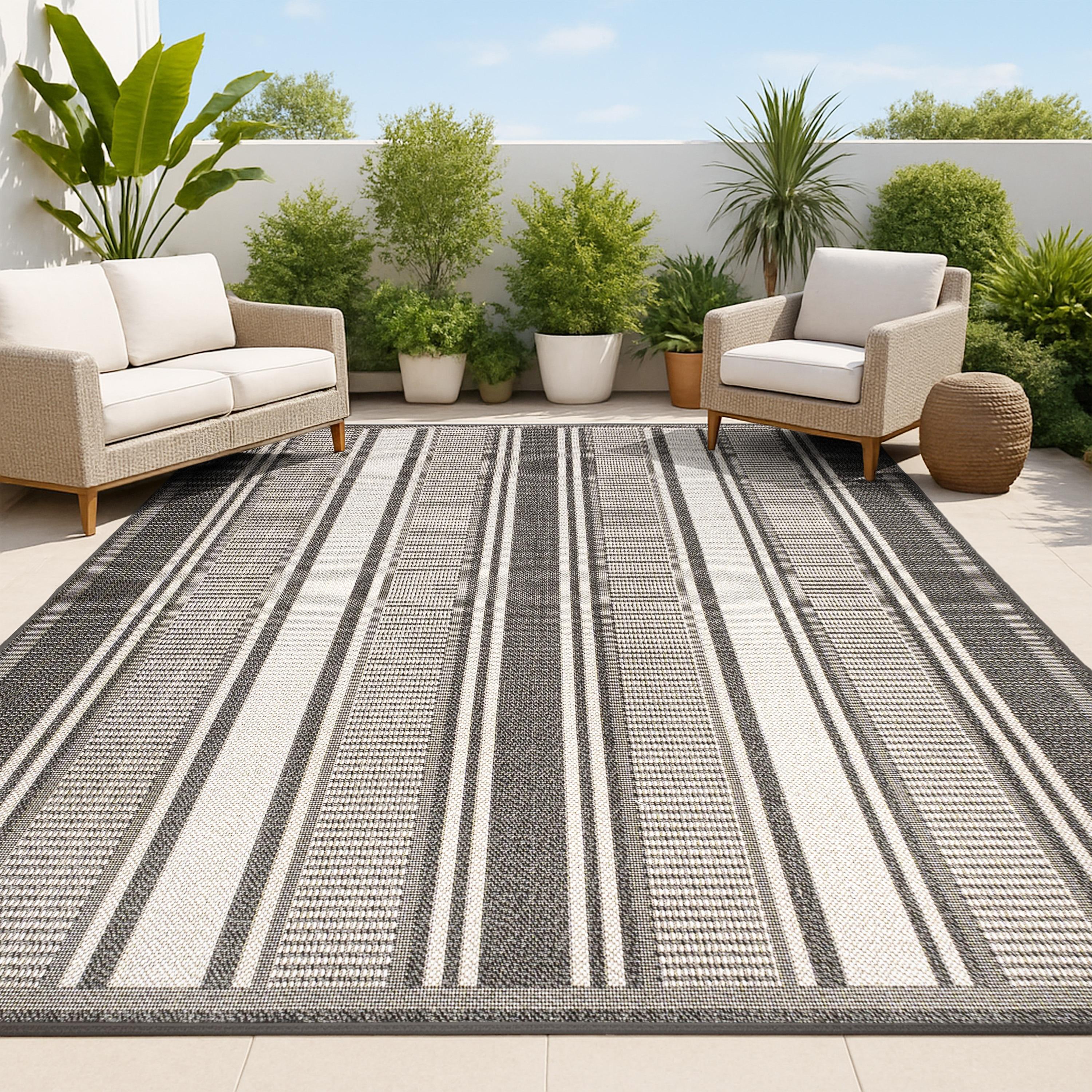 8' x 10' Haynes Modern Double Stripe Indoor/Outdoor Area Rug, Black/Cream - JONATHAN Y