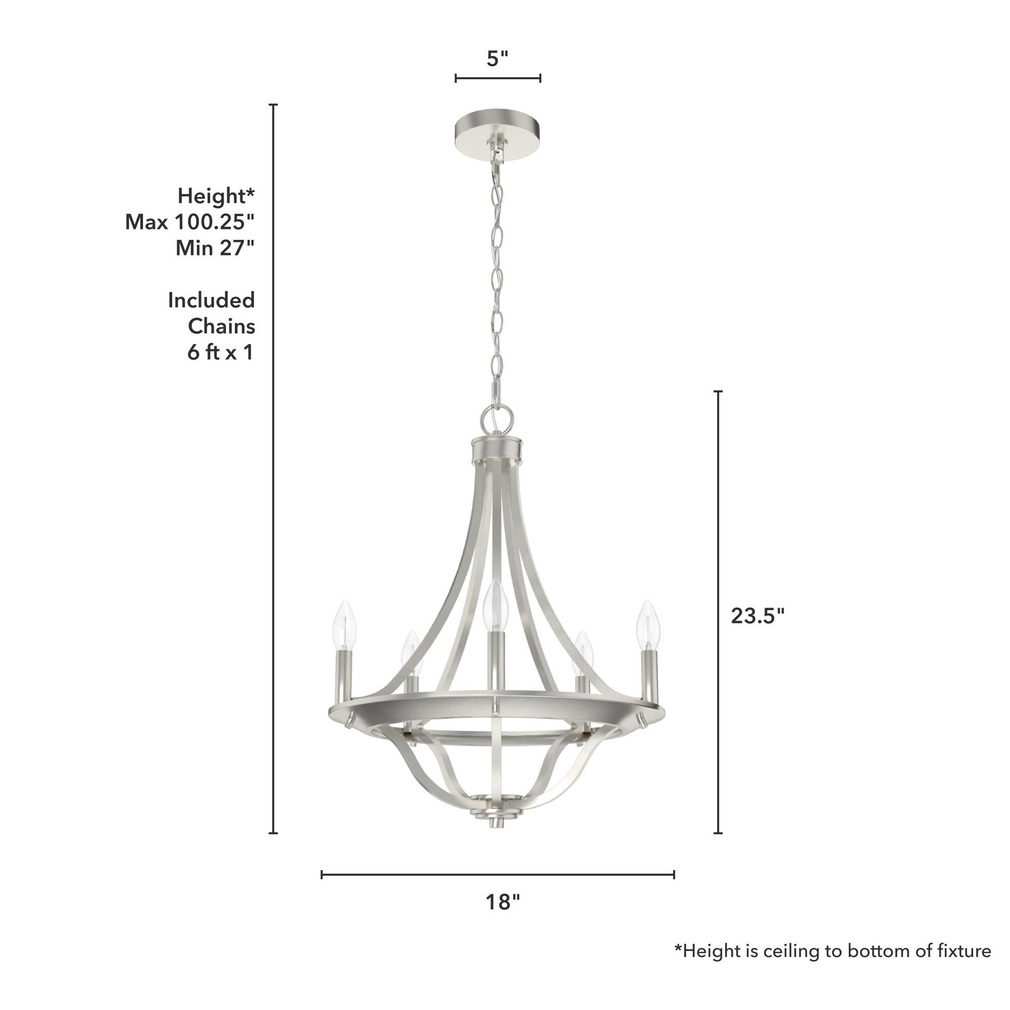 Hunter - Perch Point 5-light Brushed Nickel, Medium Size Chandelier, Dimmable, Casual Style, Empire Shaped, for Bedrooms, Kitchens, Dining, Living Rooms - 19425
