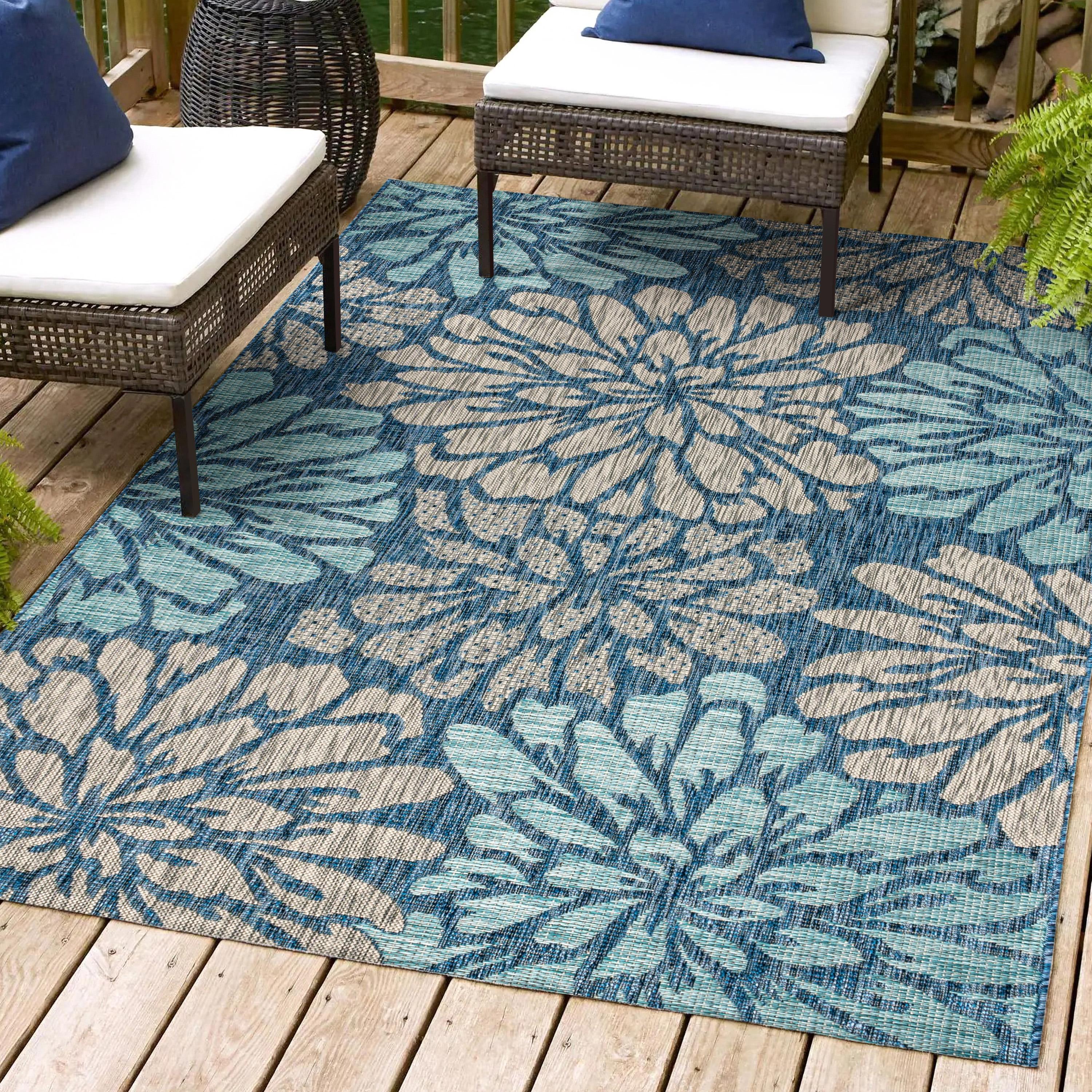 3'x5' Zinnia Modern Floral Textured Weave Indoor/Outdoor Area Rug, Navy/Aqua - JONATHAN Y