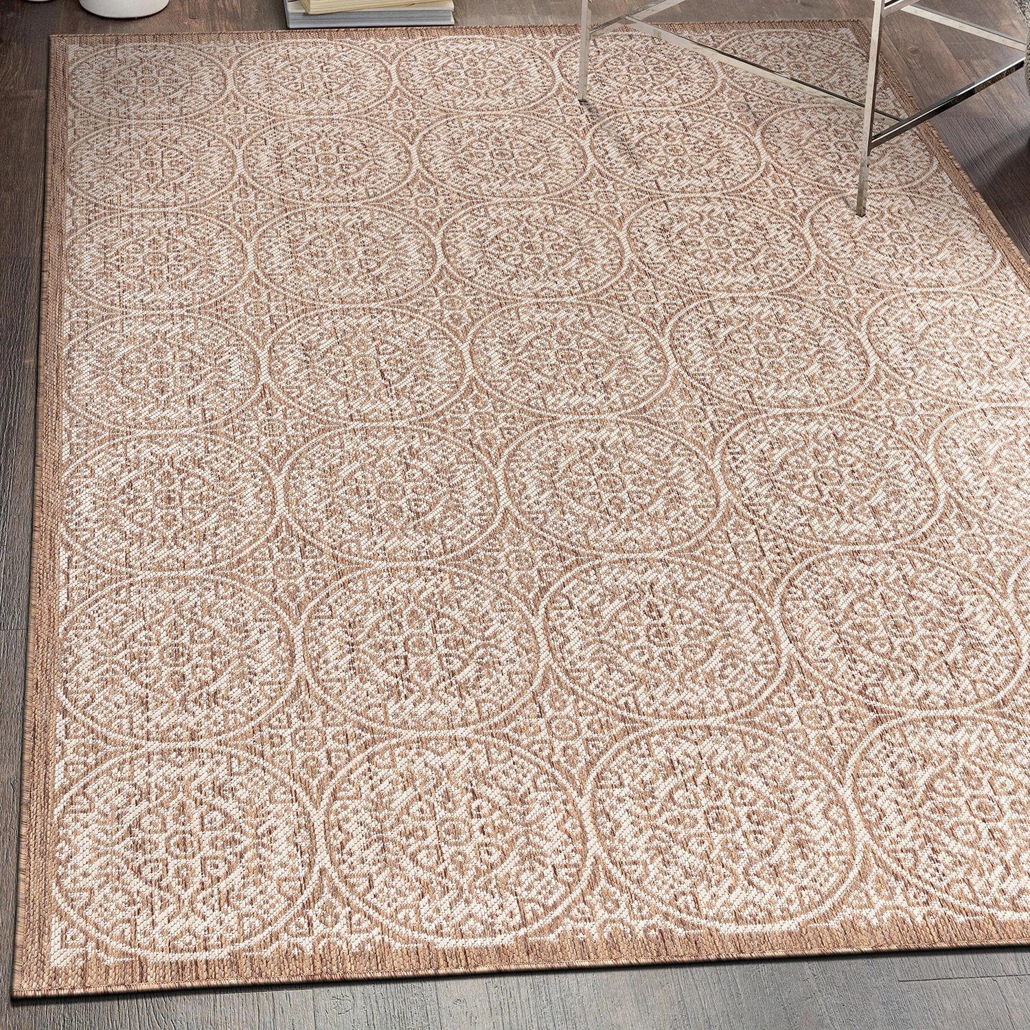 World Rug Gallery Transitional Floral Circles Textured Flat Weave Indoor/Outdoor Area Rug - BROWN 7'10"X10'