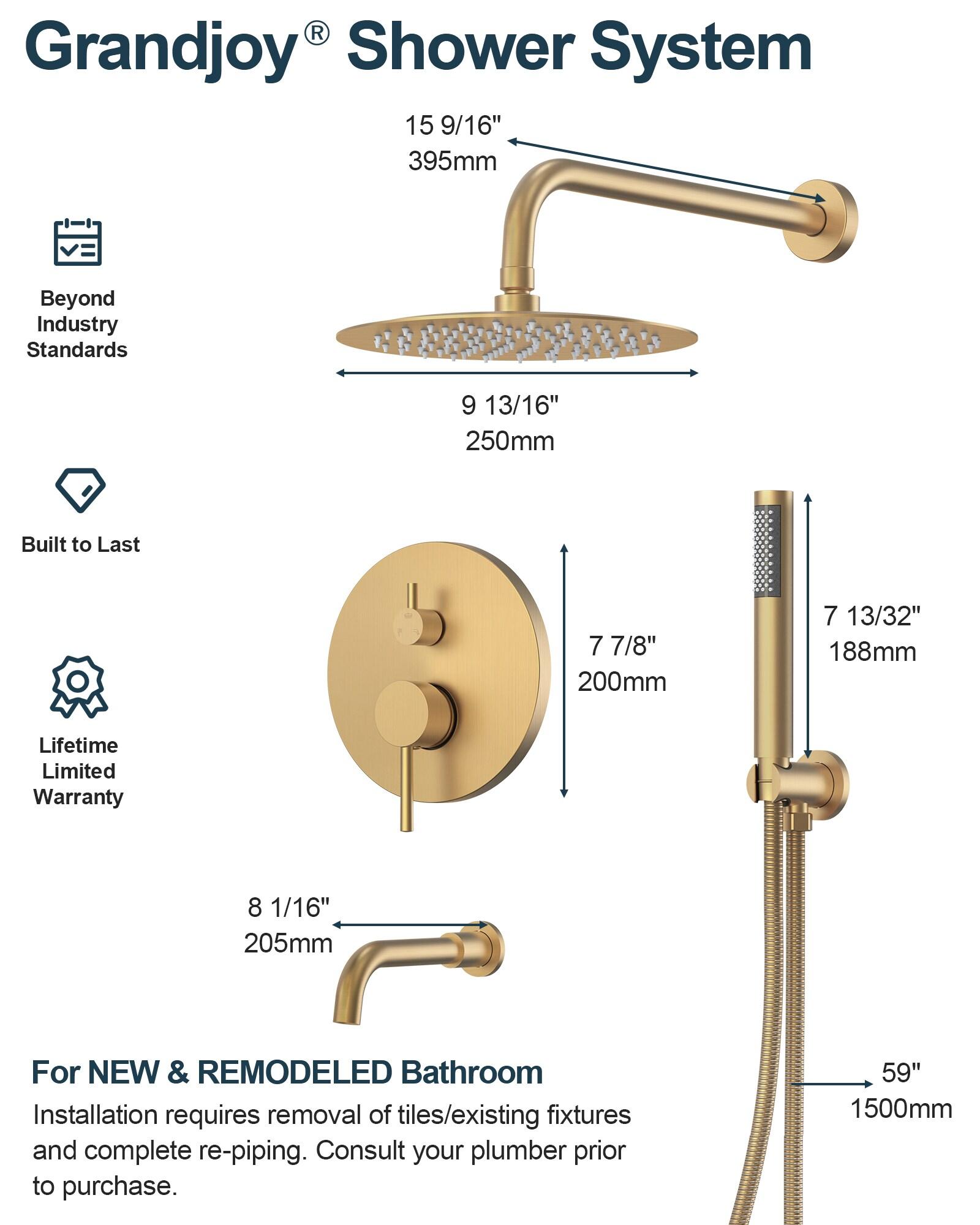 GRANDJOY Dual Wall Mount Rainfall Shower Head System Adjustable 12 inch & 6 inch Shower Faucet Set with Handheld Shower Spray Thermostatic Pressure Balance Value, Brushed Gold