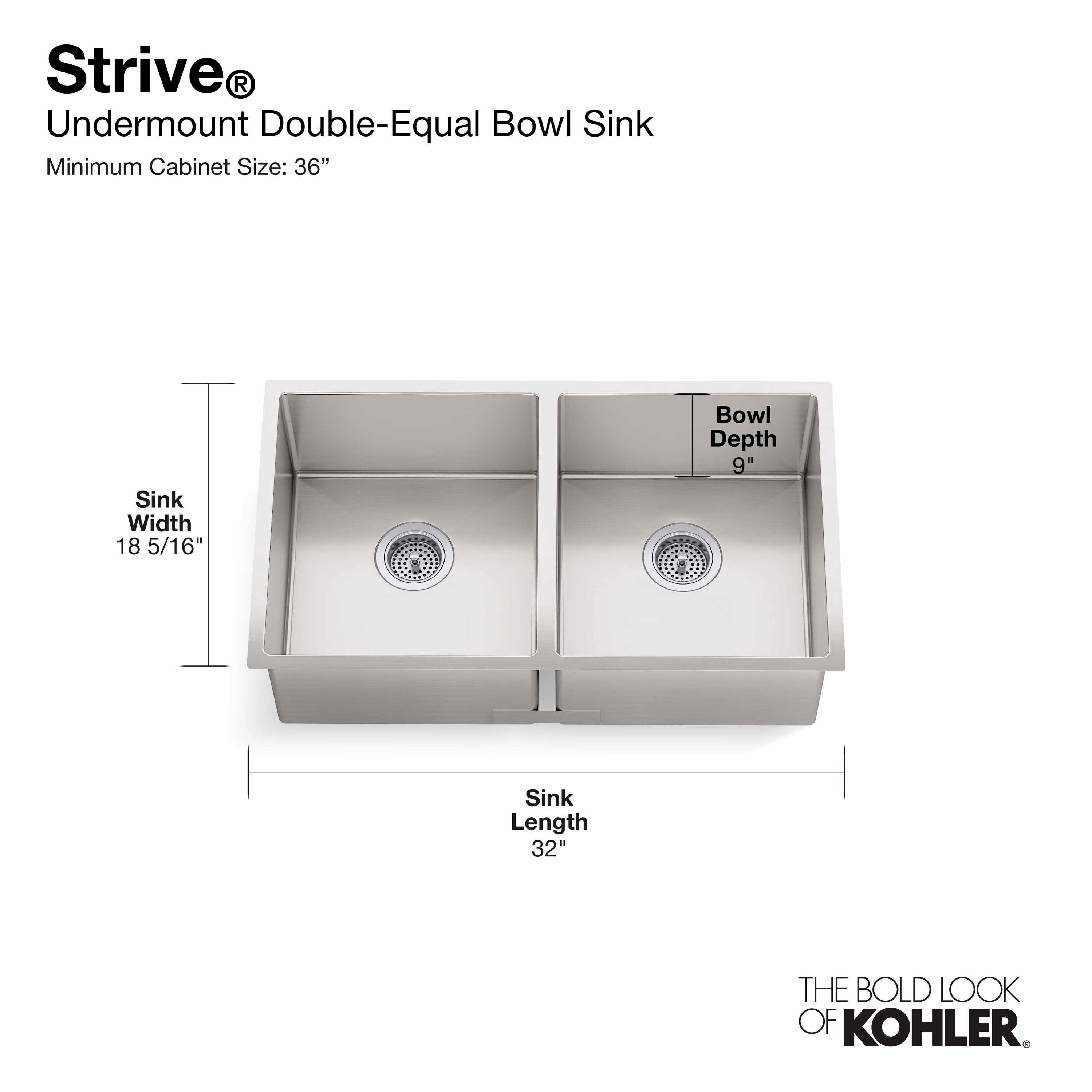Strive 32" L x 18-1/4" W x 9-5/16" Under-Mount Double-Equal Kitchen Sink with Basin Rack