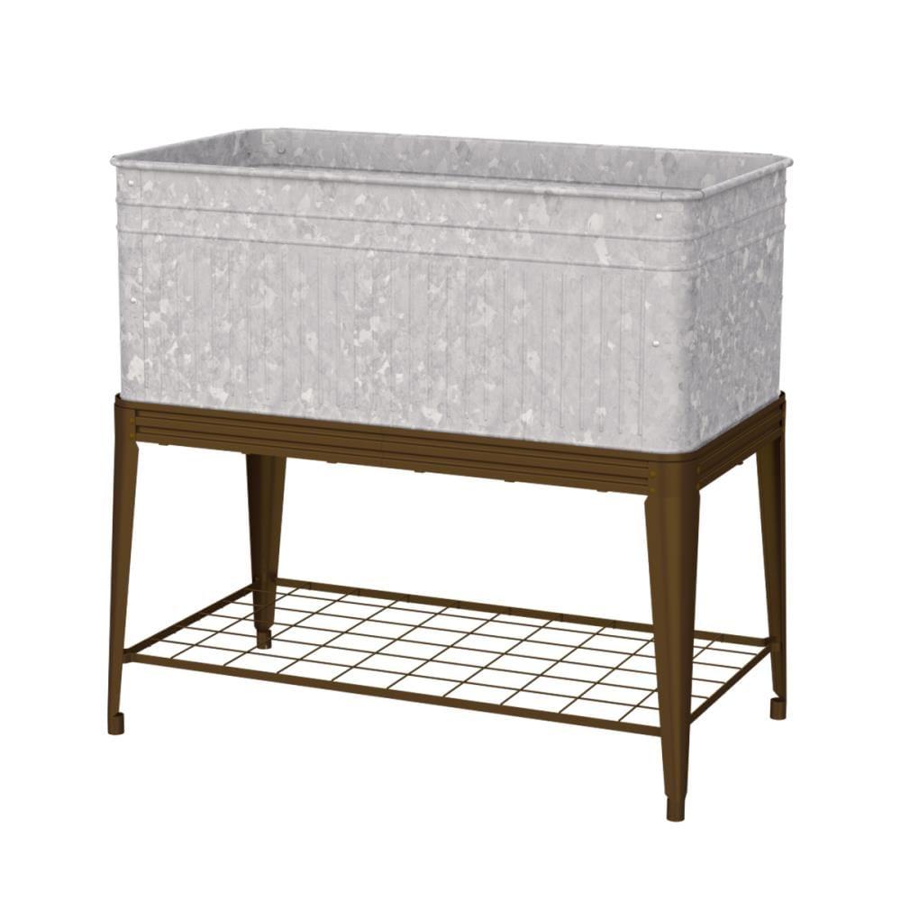 Medium Galvanized Steel Planter with Brown Metal Stand