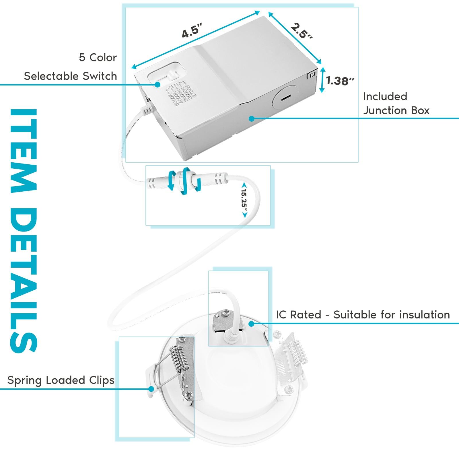 Luxrite 3 Inch Ultra Thin LED Recessed Light J-Box 6W 5 Color Options Dimmable 400 Lumens IC Rated Baffle