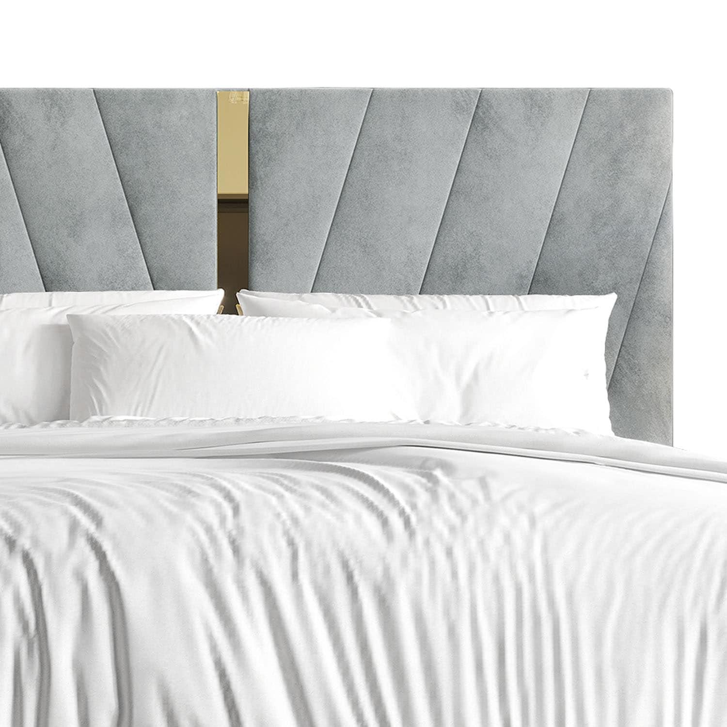 Castle Place Contemporary Velvet Queen Upholstered Bed with 2 Nightstand and Bench, Silver Grey