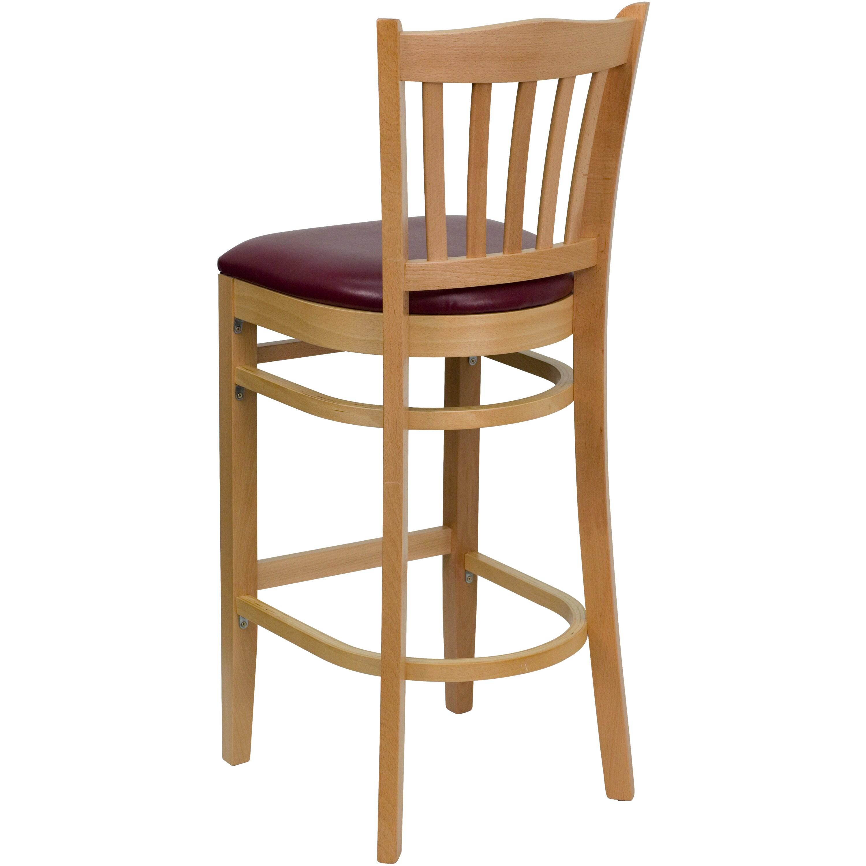 Flash Furniture HERCULES Series Vertical Slat Back Natural Wood Restaurant Barstool - Burgundy Vinyl Seat