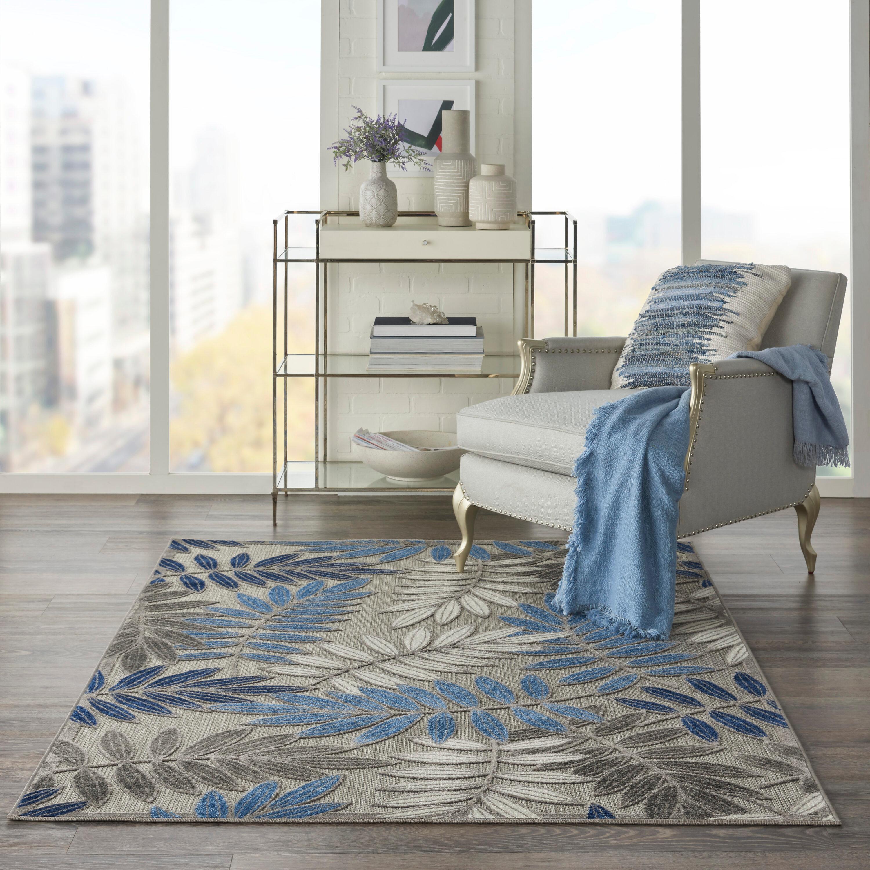 Nourison Aloha Floral Leaf Flatweave High-Low Indoor Outdoor Area Rug Grey/Blue 3'6" x 5'6"