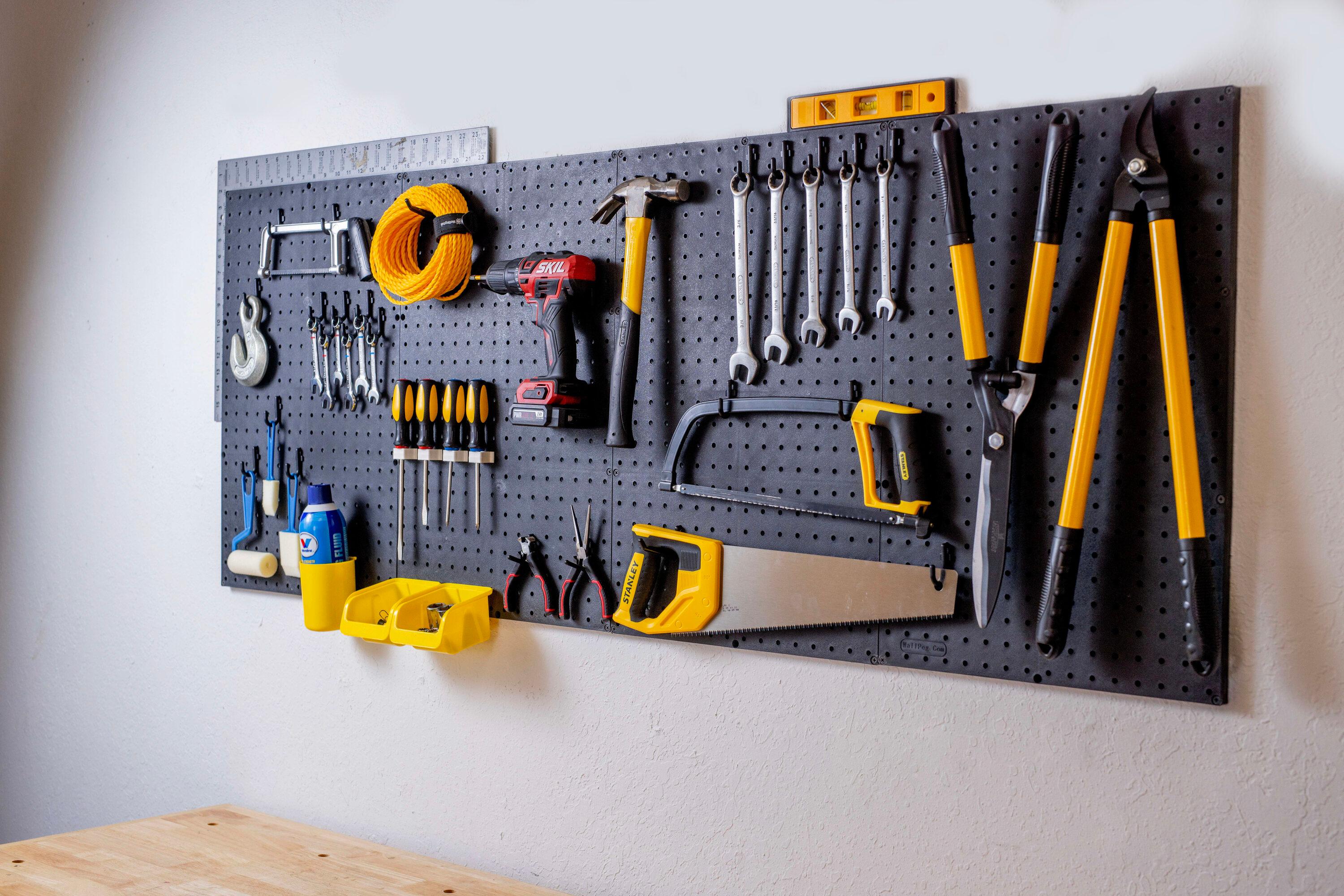 WallPeg Plastic Pegboard Panels, 96" Wide Garage Tool Pegboard, Black