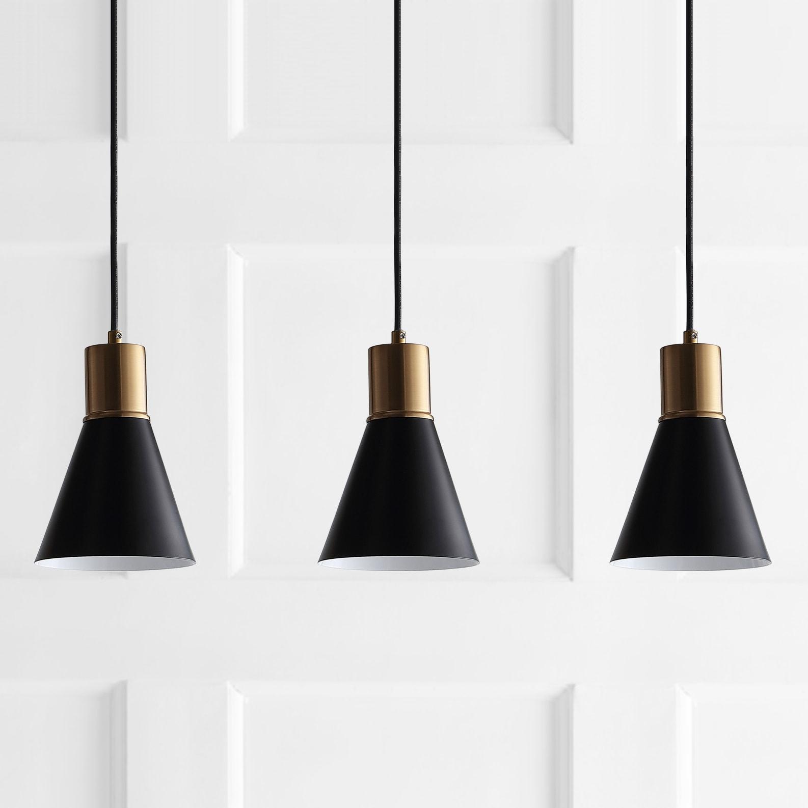 Apollo 33.5" 3-Light Mid-Century Modern Iron Adjustable Linear LED Pendant, Black/Brass Gold