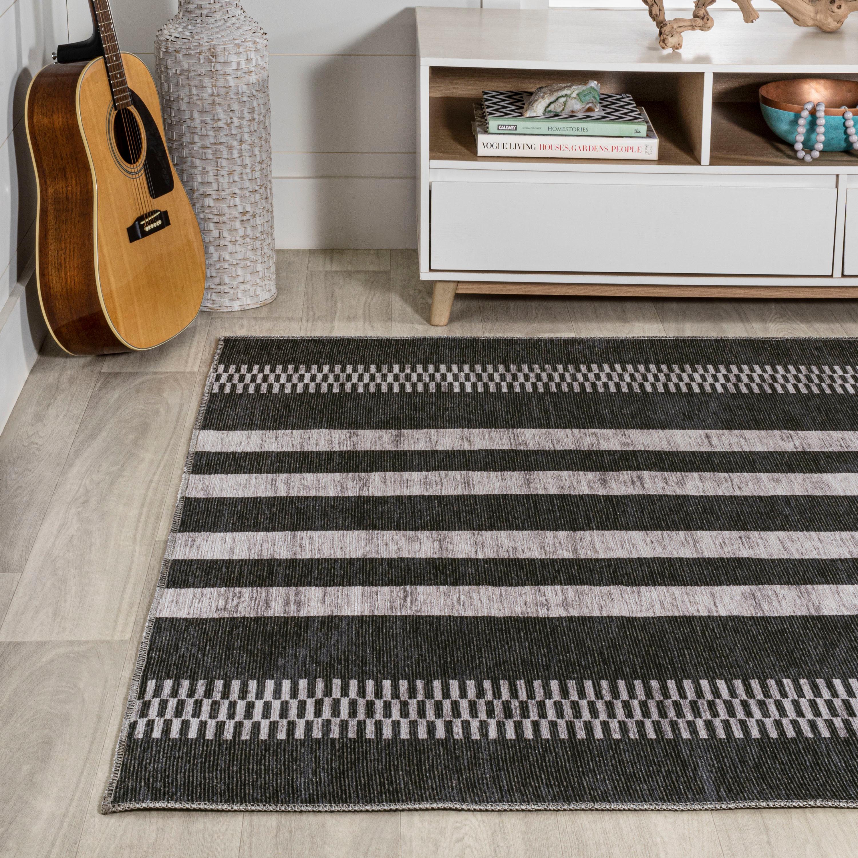 5' x 8' Vichy Geometric Striped Machine-Washable Area Rug, Black/Ivory - JONATHAN Y