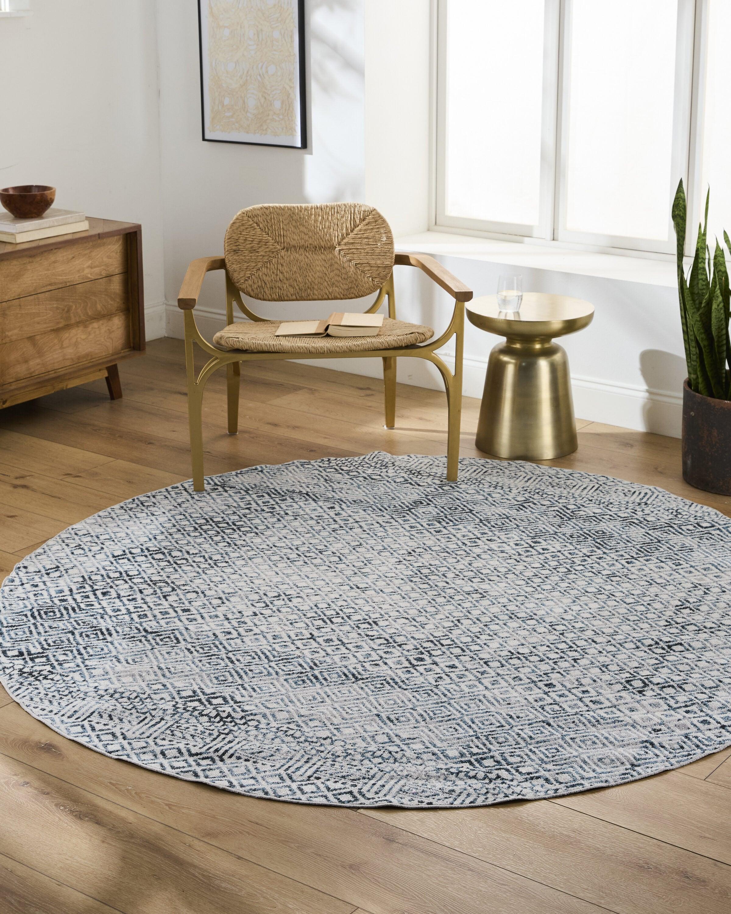 Reversible Blue Geometric Easy-Care Synthetic Round Rug, 79"