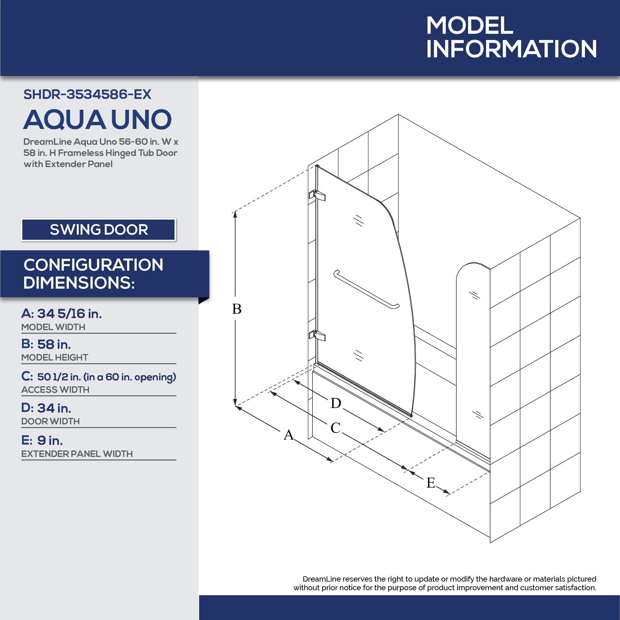 Aqua Uno 56" W x 58" H Hinged Frameless Tub Door with Extender Panel