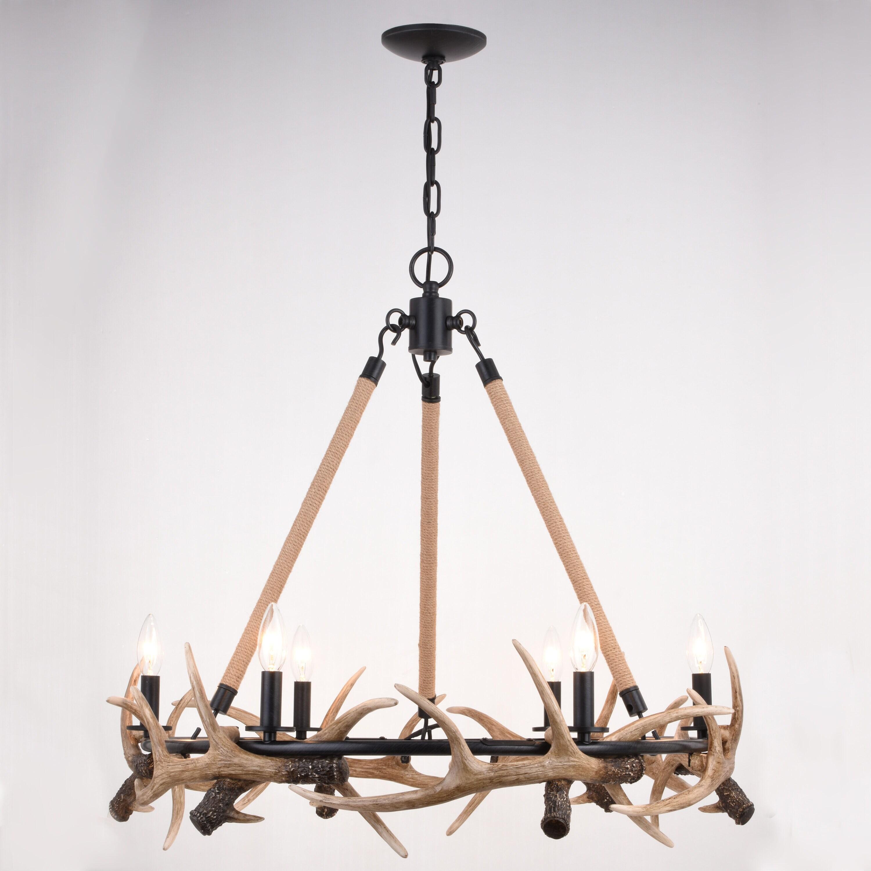 Vaxcel Breckenridge 6 Light Bronze Rustic Antler Chandelier Natural Rope Accent