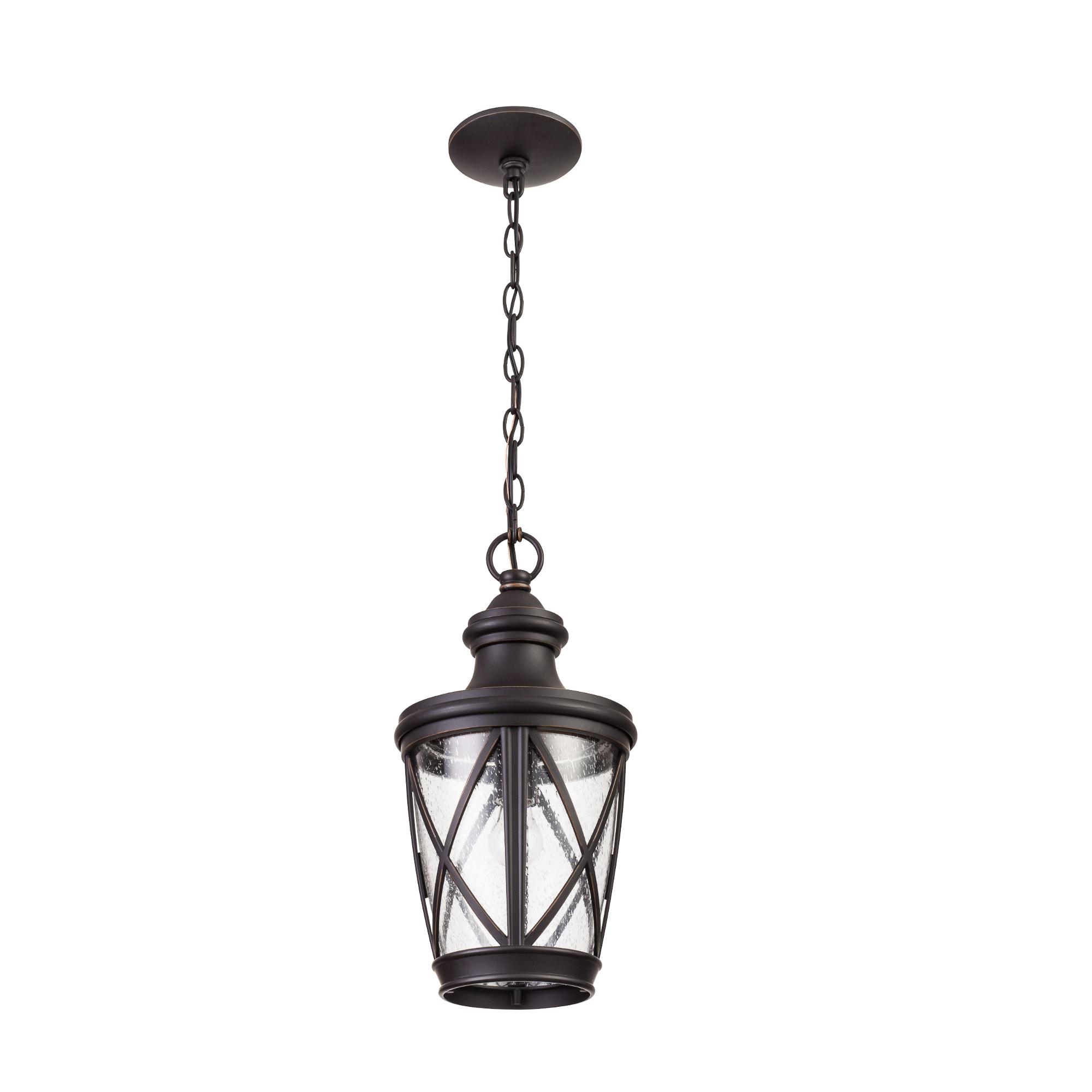 allen + roth Castine Bronze Craftsman Seeded Glass Lantern Led Medium Outdoor Hanging Pendant Light