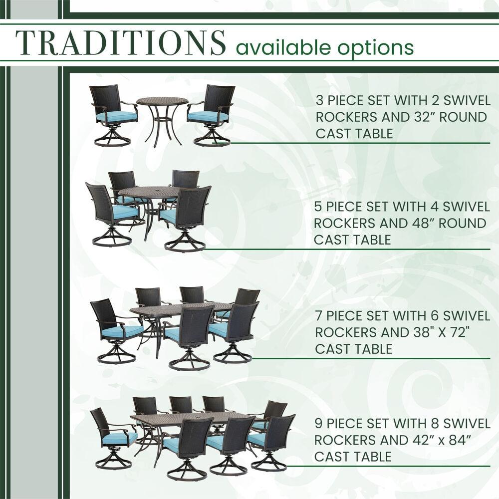 Hanover Traditions 7-Piece Outdoor Furniture Patio Dining Set, 6 Cushioned Wicker Back Cast Aluminum Swivel Rocker Chairs and 38"x72"Cast Table, Brush