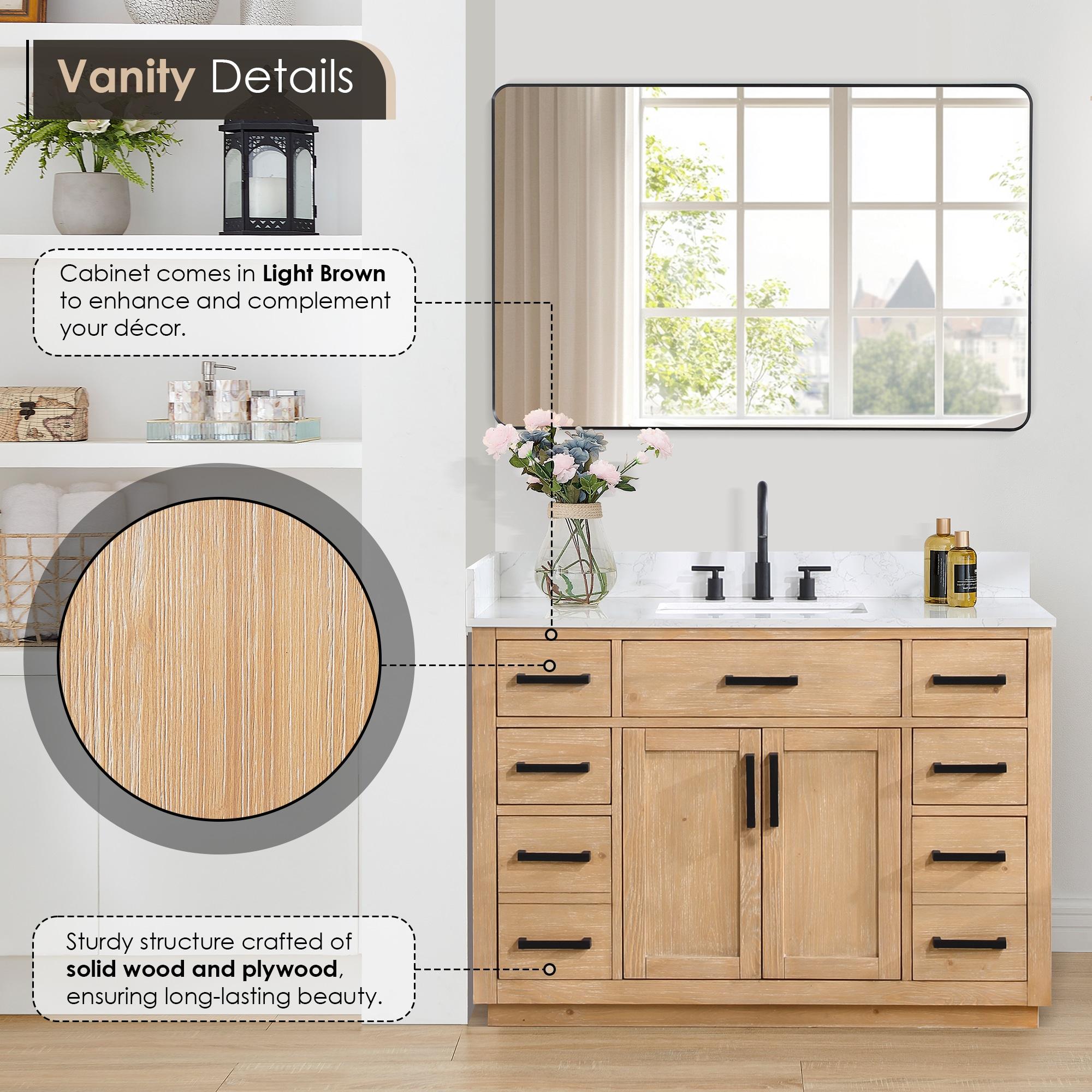 Gavino 48" Wood Vanity in Light Brown with Composite Stone Top and Mirror