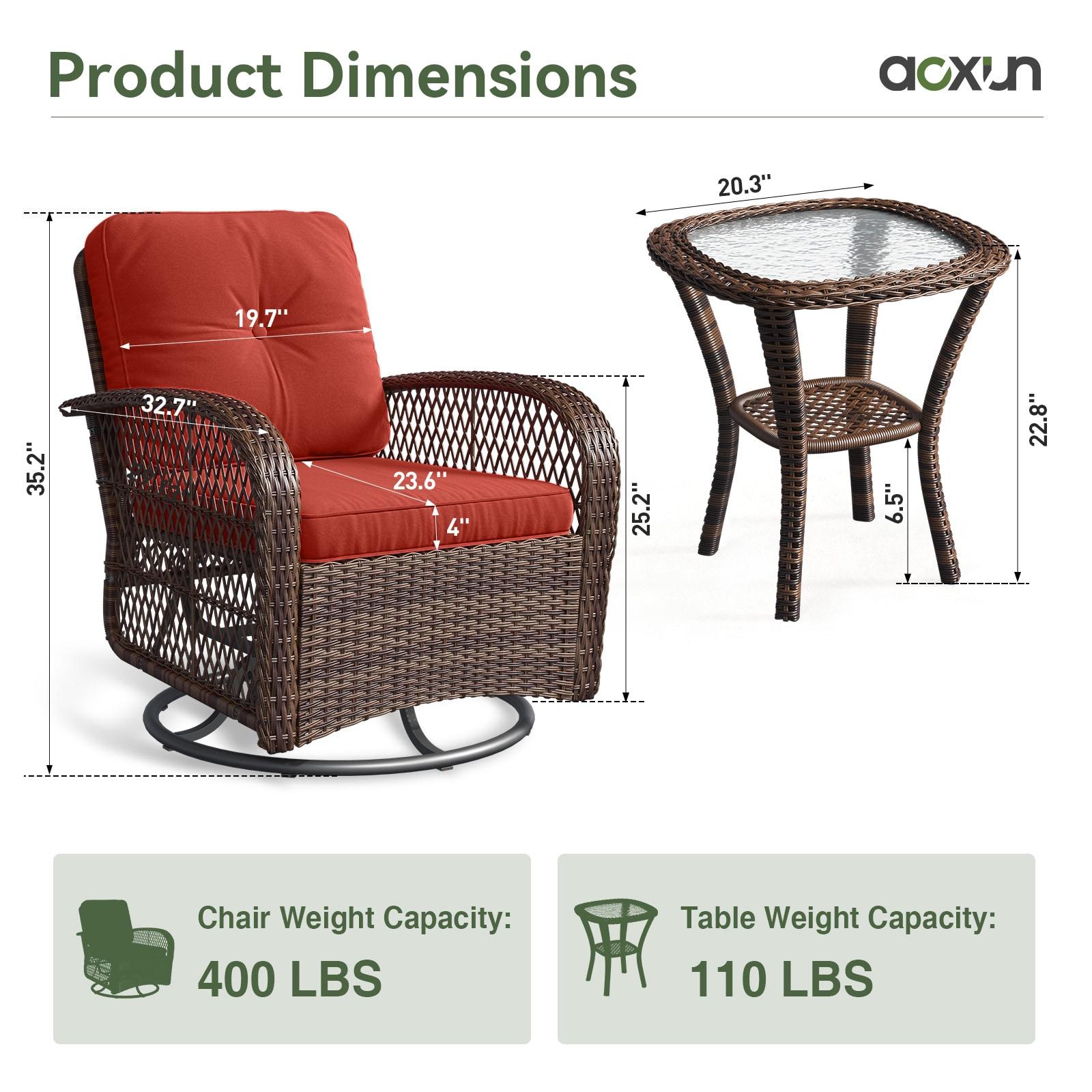 MRUAKA 3 Pieces Patio Furniture Set, Outdoor Swivel Gliders Rocker, Wicker Patio Bistro Set with Rattan Rocking Chair, Glass Top Side Table and Thickened Cushions for Porch Deck Backyard(Red)