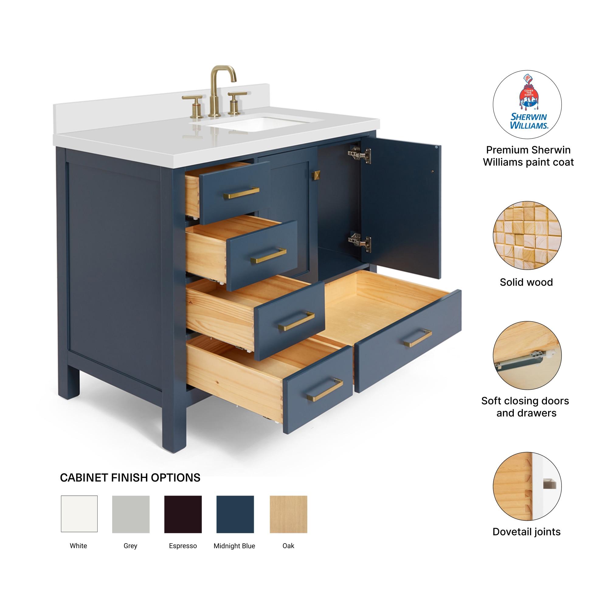 ARIEL Cambridge 43 Inch Midnight Blue Bathroom Vanity with Single Sink, Solid Wood, White Quartz Countertop, 1.5-Inch Edge, Right Rectangular Undermount Sink, 2 Soft Closing Doors, 5 Drawers