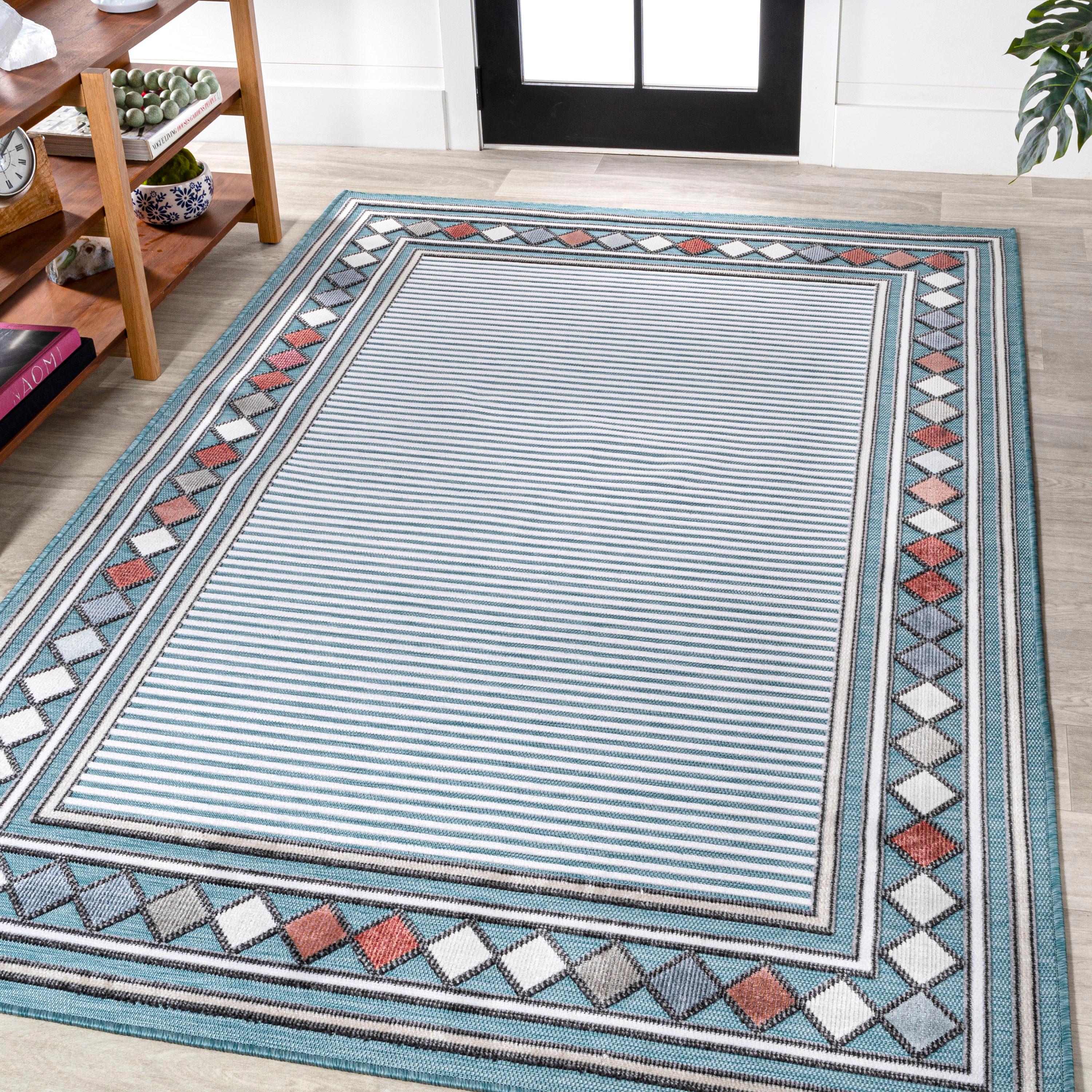 JONATHAN Y Sebastian High-Low Modern Diamond Border Blue/Ivory 5 ft. x 8 ft. Indoor/Outdoor Area Rug