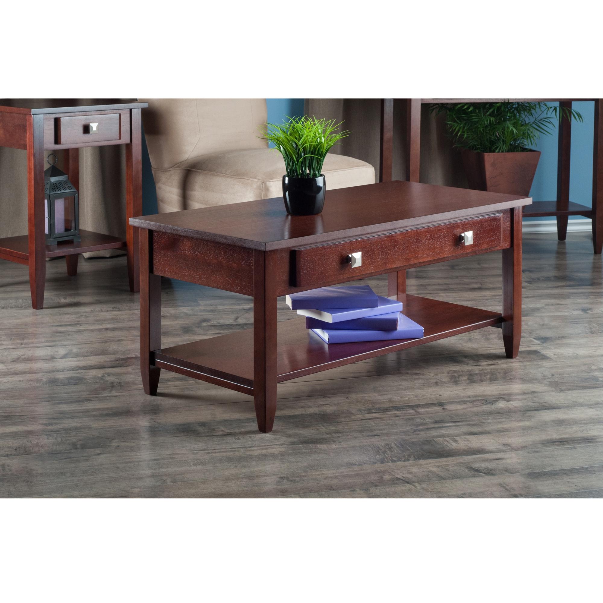 Richmond Coffee Table with Tapered Leg Walnut Finish - Winsome: Storage Shelf, Modern Brushed-Chrome Knobs