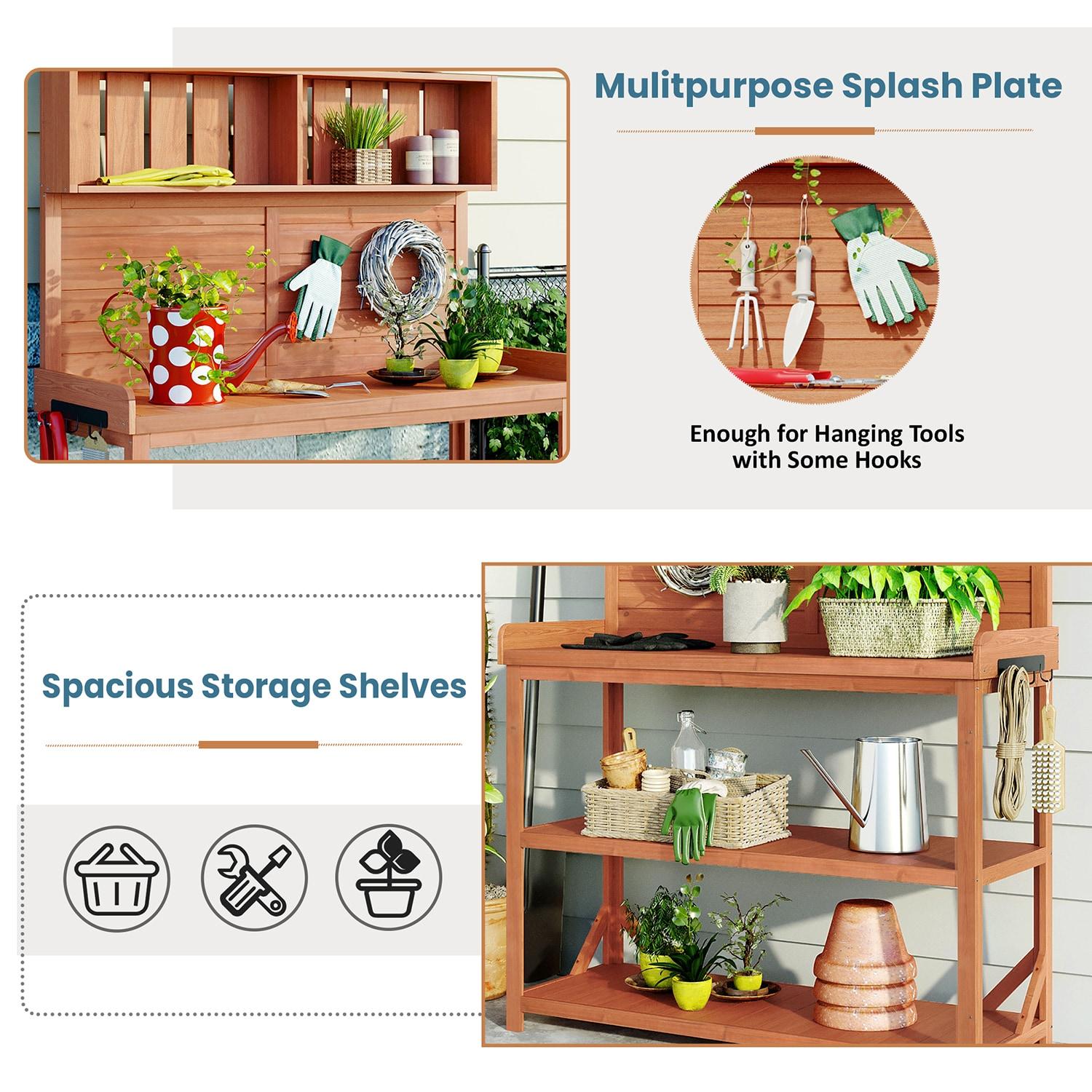 Wooden Potting Bench, 65" Large Wooden Farmhouse Rustic Outdoor Potting Bench Table, Patio Workstation, Garden Potting Bench with 4 Storage Shelves, Splash Plate & 3 Side Hooks, Natural
