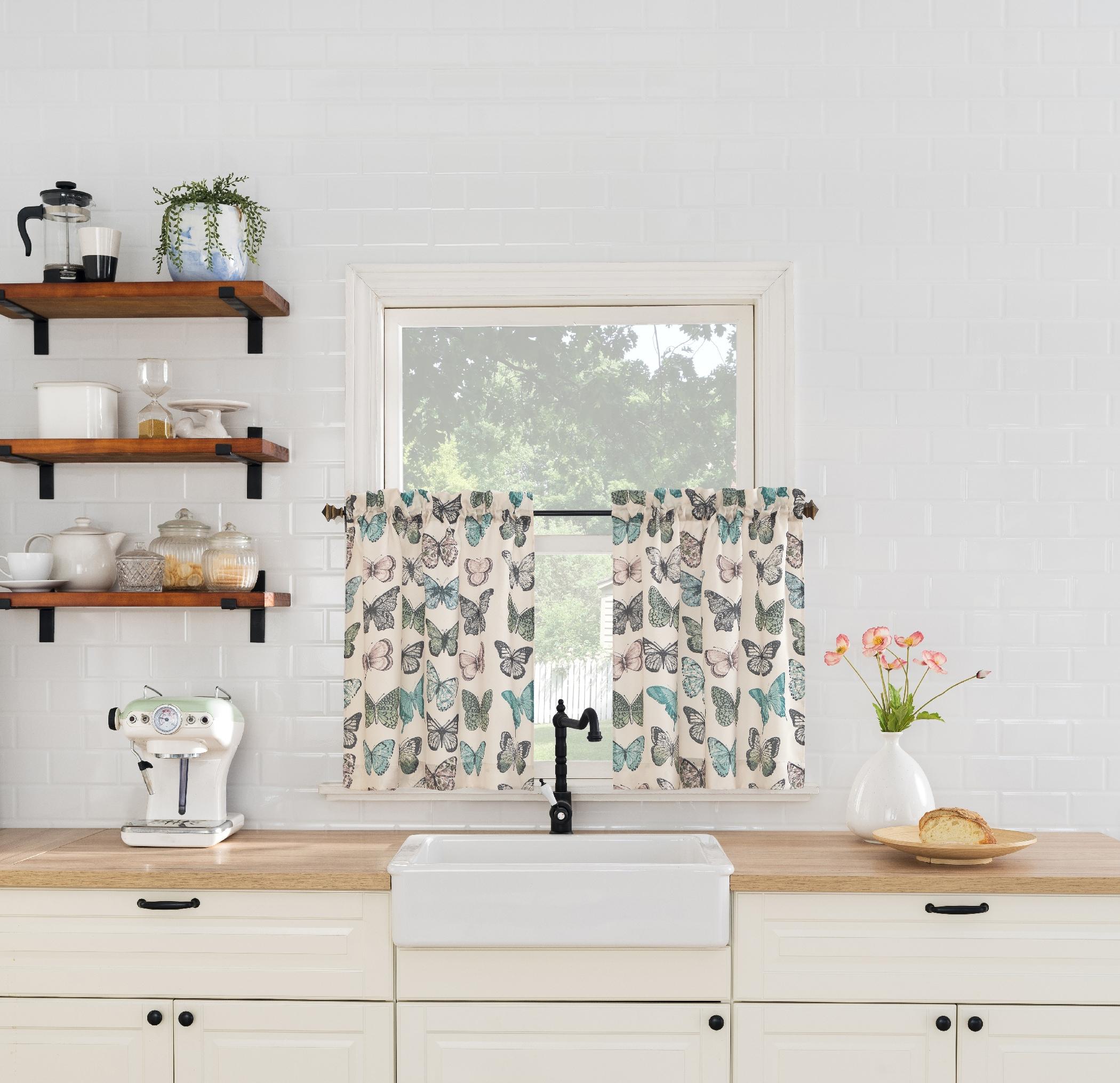 2pc 56"x24" No. 918 Sheer Magdalena Butterfly Print Rod Pocket Kitchen Curtain Tier Pair: Polyester, Machine Washable