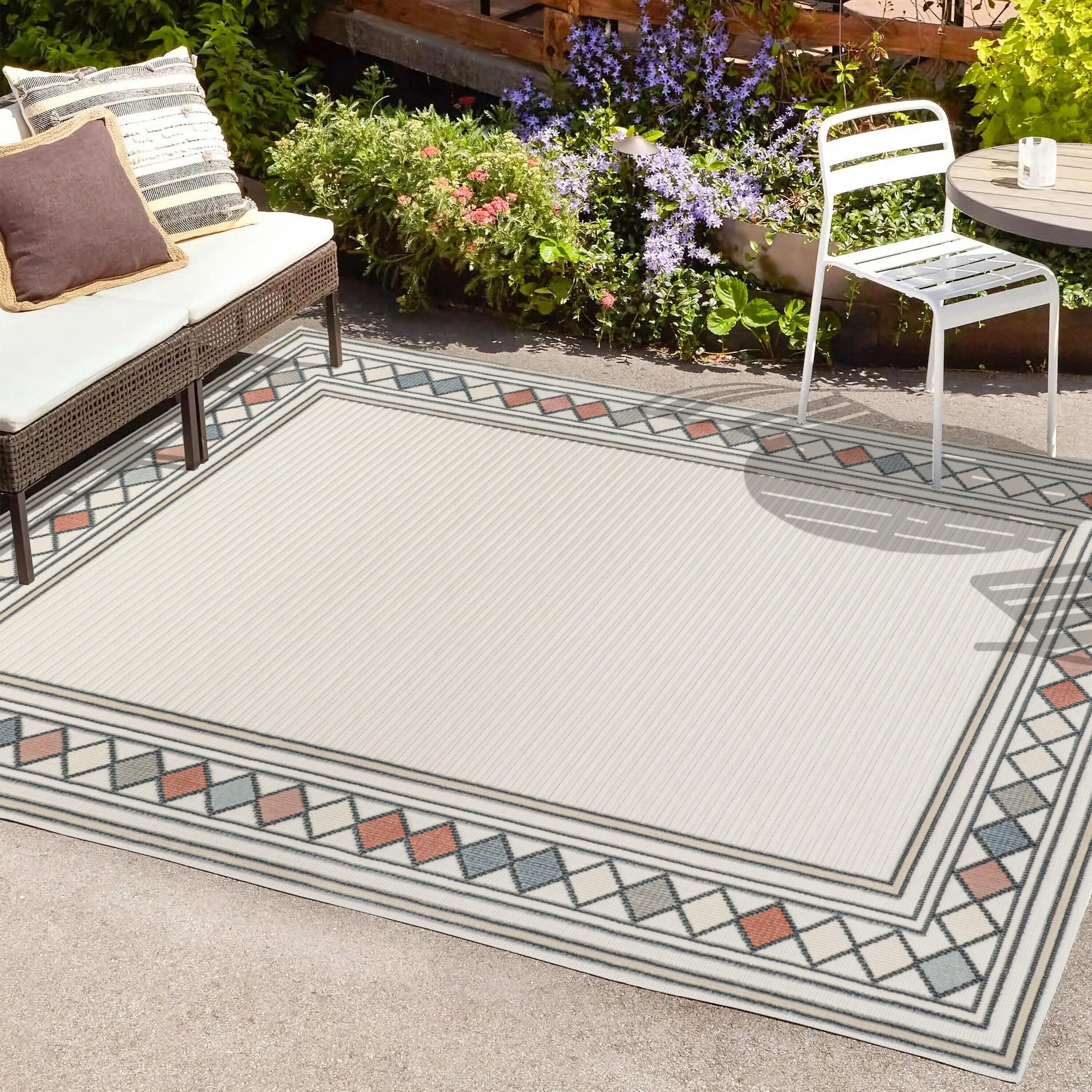 JONATHAN Y Sebastian High-Low Modern Diamond Border Ivory/Beige 5 ft. x 8 ft. Indoor/Outdoor Area Rug