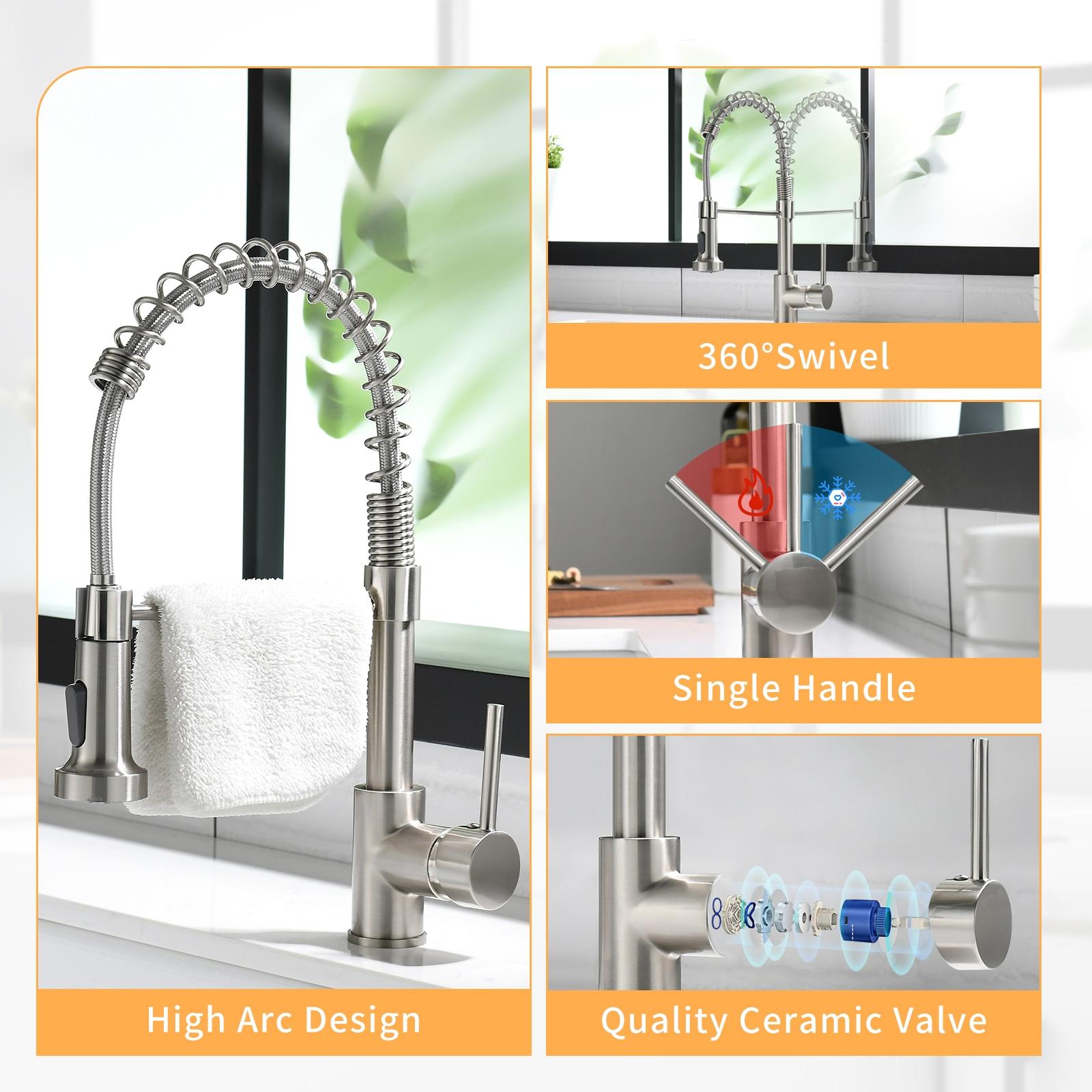 Fapully Brushed Nickel Single Handle Deck-mount Pull-down Kitchen Faucet with Sprayer