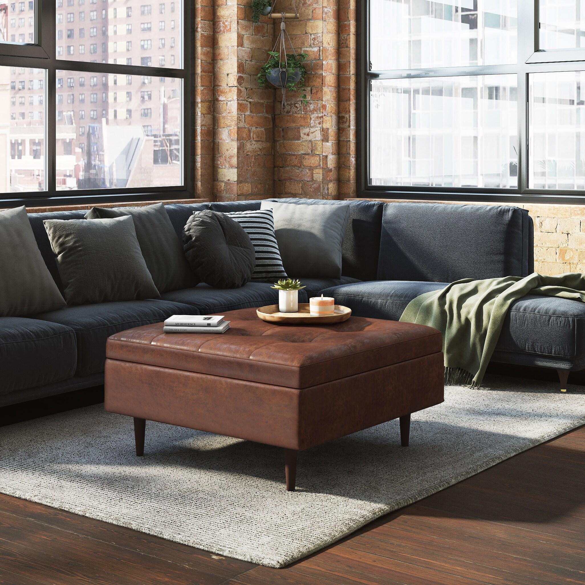 Simpli Home Shay 38 inch Wide Mid Century Modern Square Mid Century Large Square Coffee Table Storage Ottoman in Distressed Saddle Brown Vegan Faux Leather