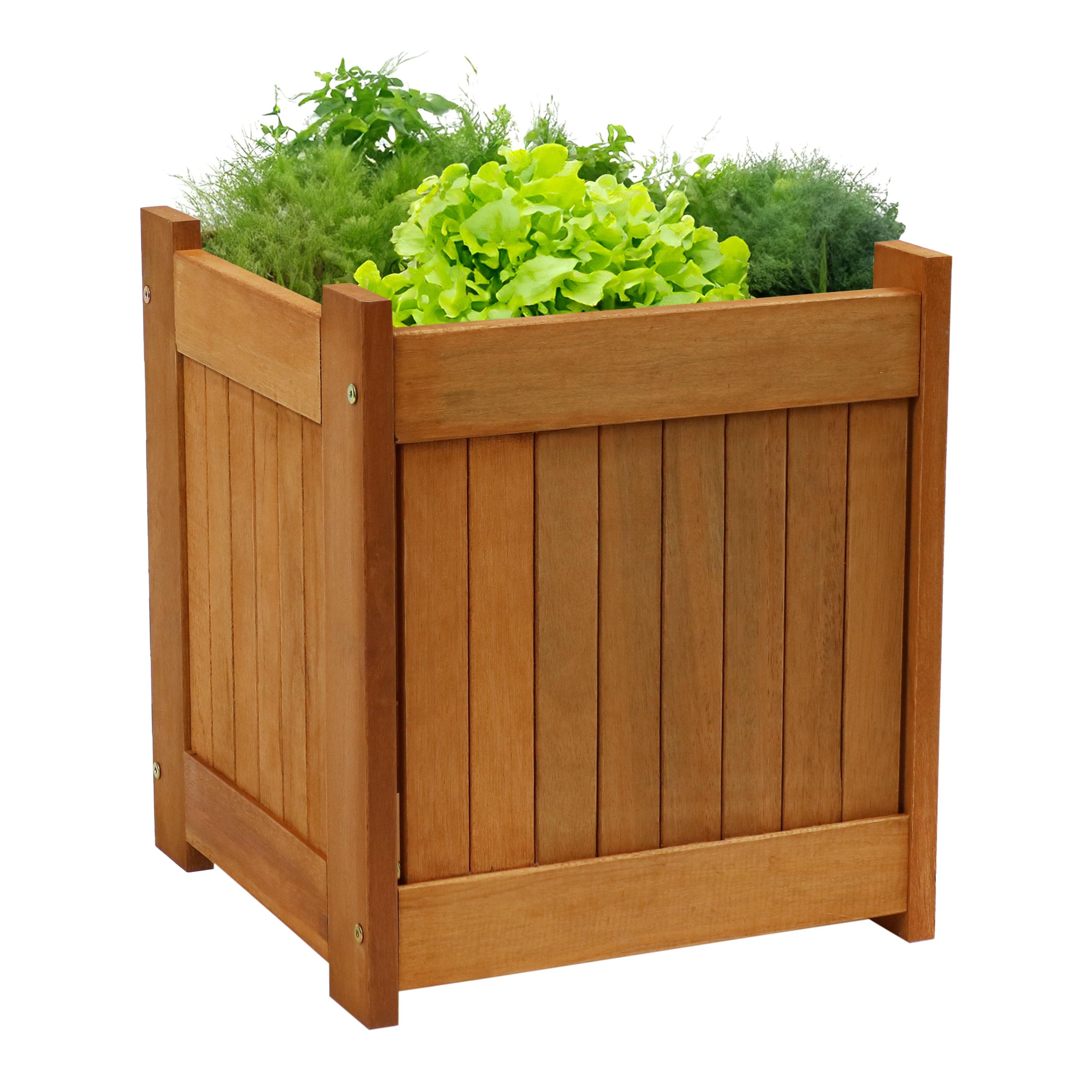 Sunnydaze Outside Meranti Wood Outdoor Planter Box with Teak Oil Finish for Garden, Porch and Patio - 16" Square