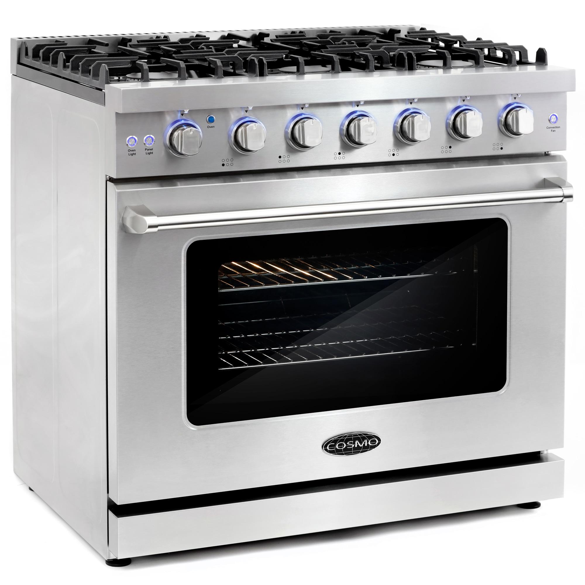 Cosmo 36 in. Haven Collection 6.0 cu. ft. Gas Range, 6 Burners, Convection Oven, Knob LEDs, Storage Drawer, Stainless Steel