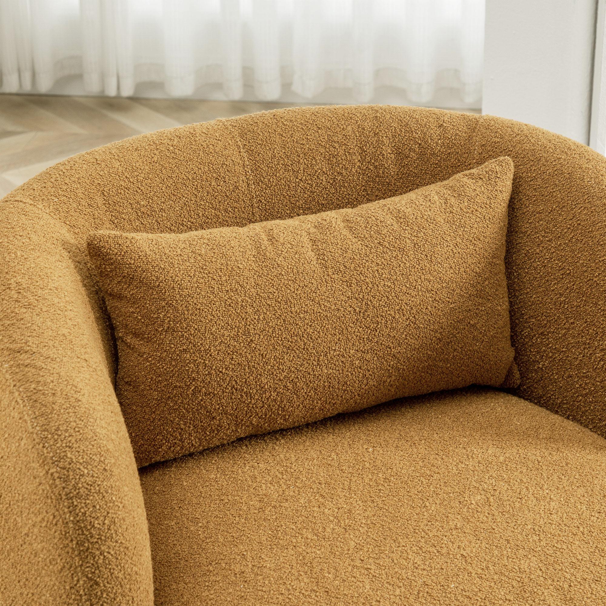 34" Wide Boucle Swivel Barrel Chair, No Assembly Round Upholstered Armchair Accent Chair Single Sofa Chair with Toss Pillow for Living Room and Bedroom, Brown