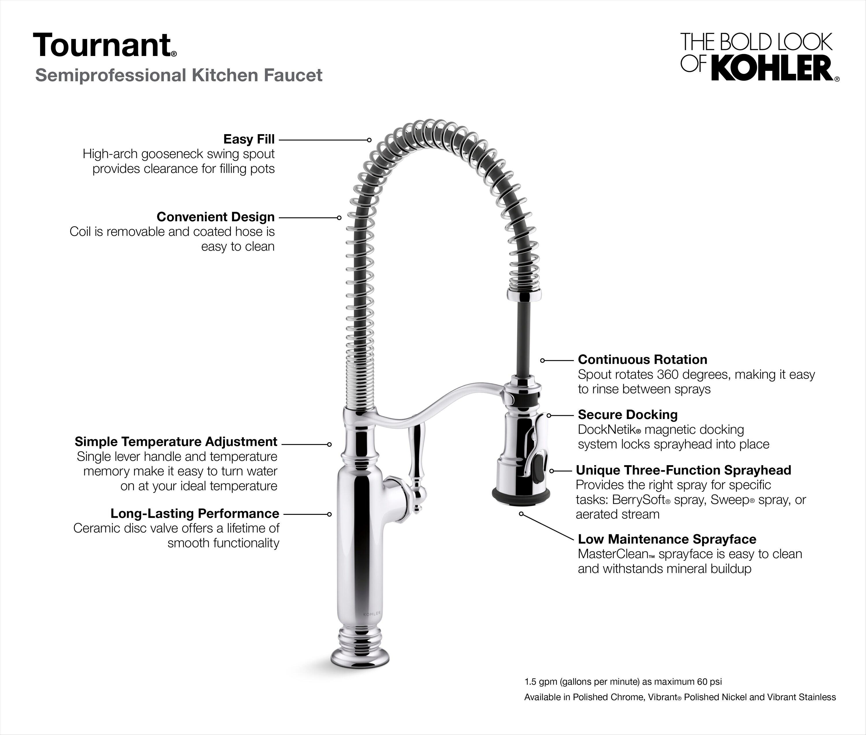 Kohler Tournant® Single Handle Semi-Professional Pre-Rinse Kitchen Faucet with Three-Function Pull Down Sprayer