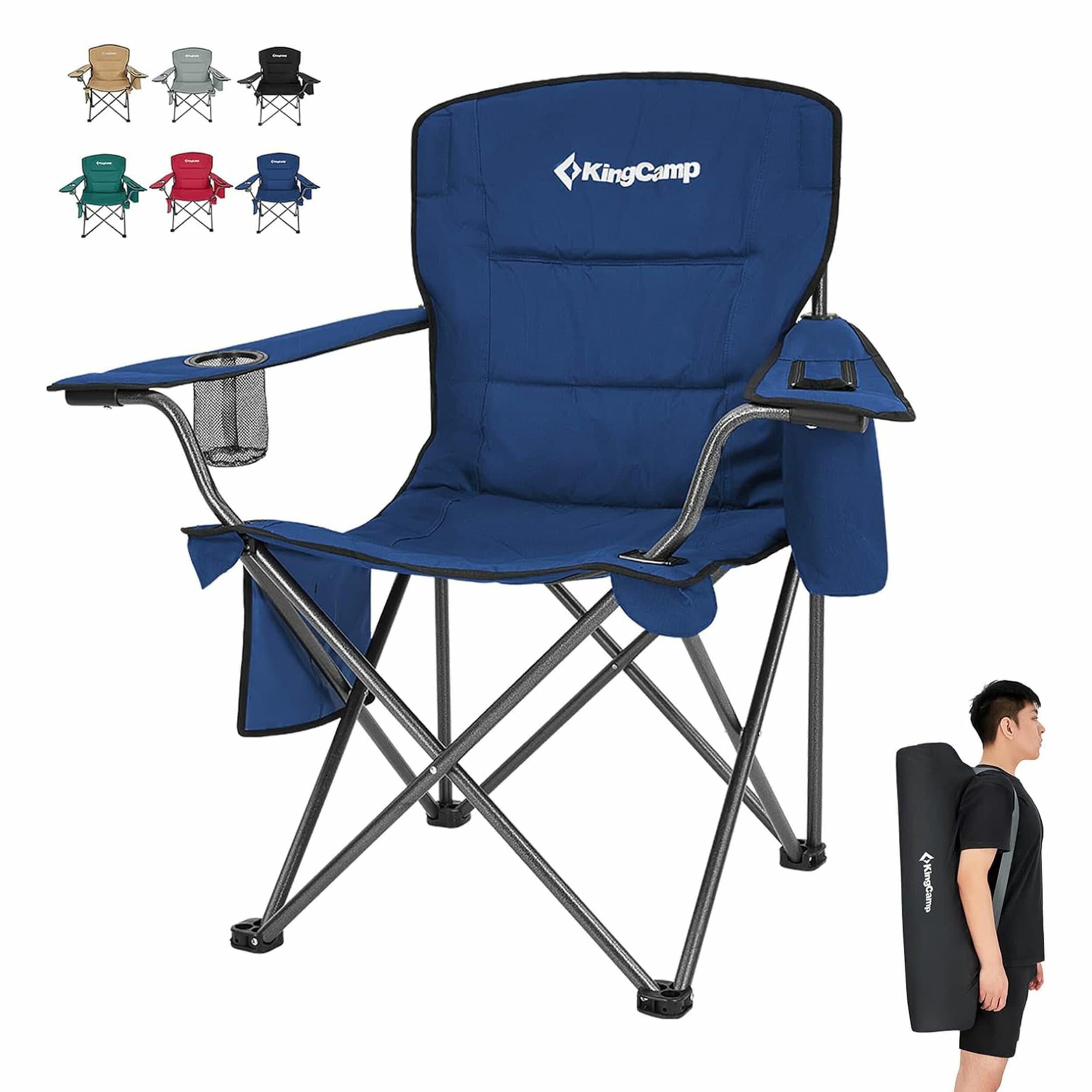 KingCamp Padded Portable Outdoor Folding Lounge Chair with Built In Cupholder, Insulated Cooler Sleeve, and Side Storage Pocket, Blue