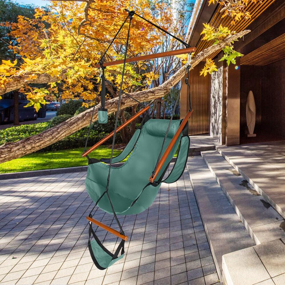 Tcbosik Hammock Hanging Chair, Oxford Cloth Air Swing Seat with Cup Holder and Hardwood Rod for Indoor/Outdoor Yard Garden Patio Balcony, Green